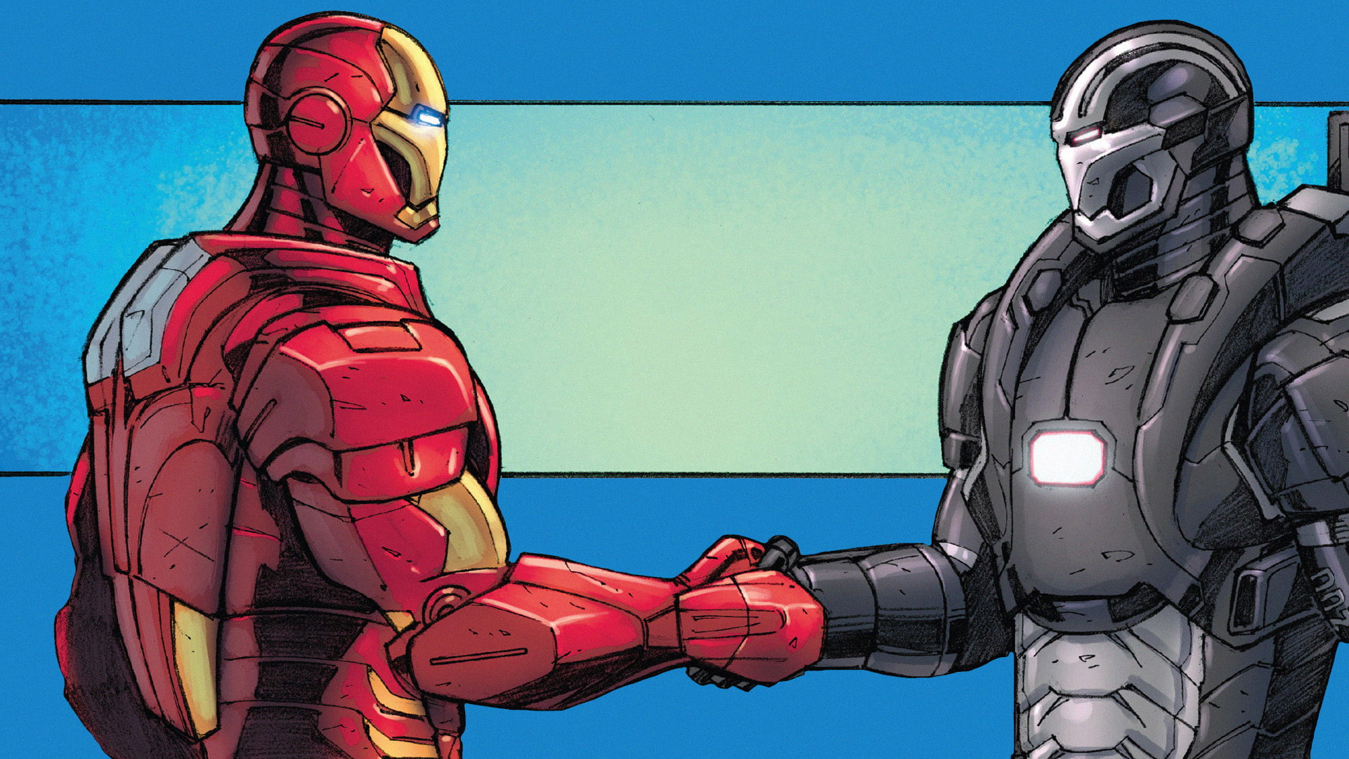 Handshake, Iron man, Marvel Comics, Tony Stark, 1080P, Warmachine, comics, Blue Background, HD Wallpaper