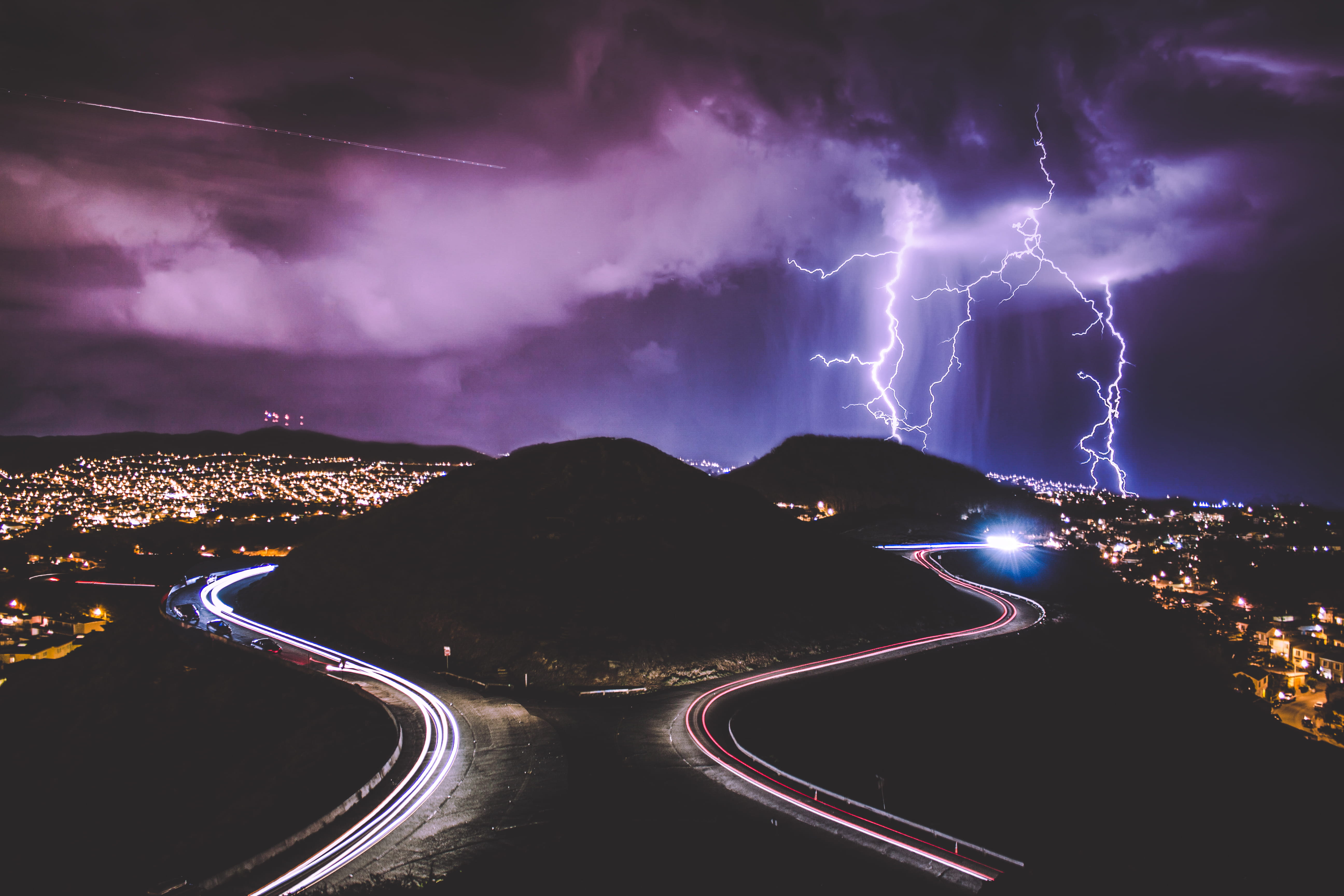 beauty in nature, no people, lapse, storm, outdoors, illuminated, light trail, power in nature, architecture, glowing, nature, time, mountains, city, 5K, HD Wallpaper