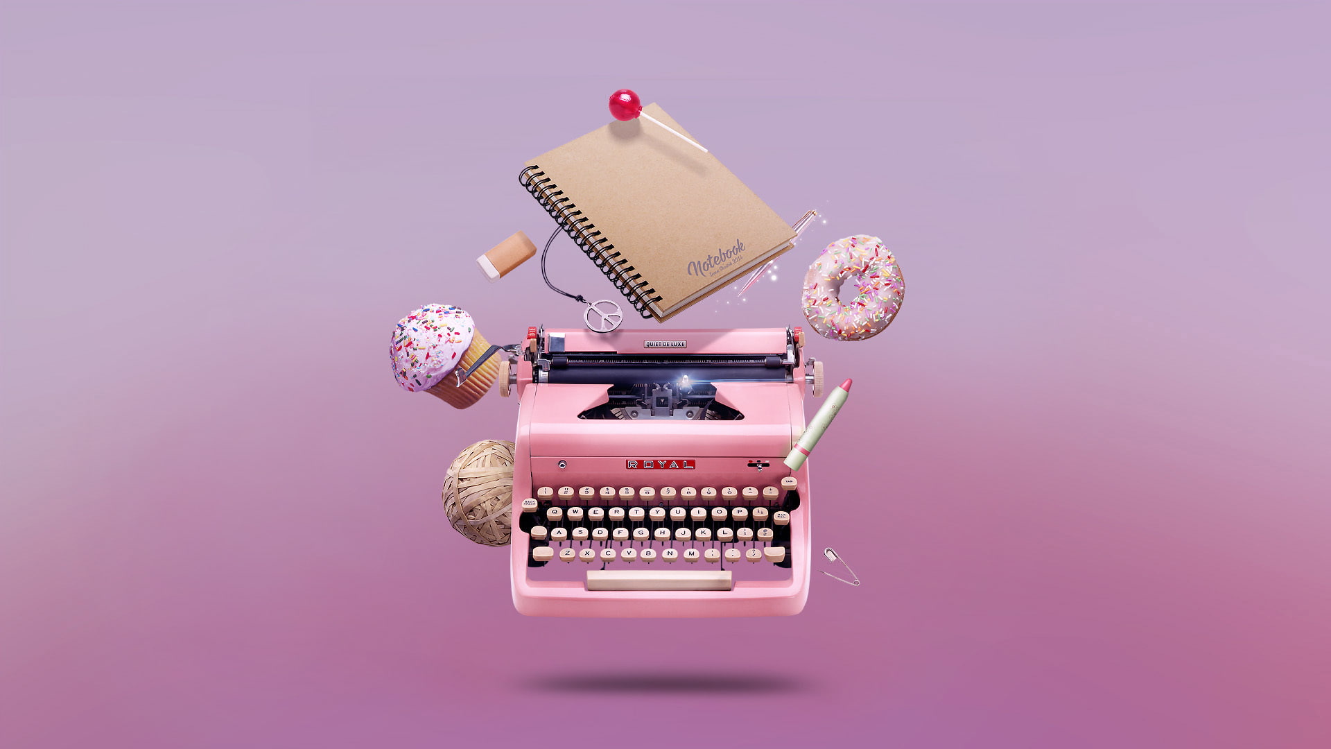 donut, notebook, candy, cupcake, writing, eraser, 1080P, pen, typewriter, pin, handle, HD Wallpaper