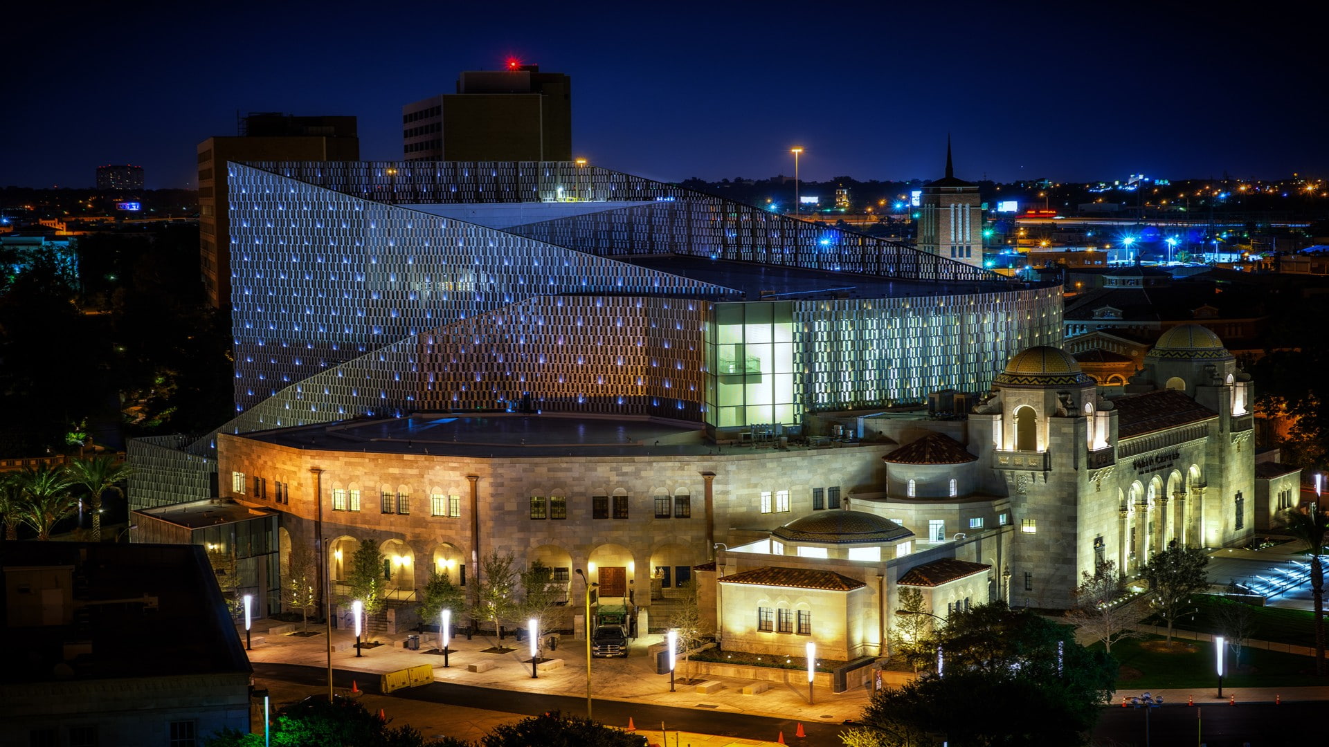 night, 1080P, building exterior, skyscraper, Texas, San Antonio, sky, dusk, Tobin Center, outdoors, building, tower, built structure, city life, office building exterior, HD Wallpaper