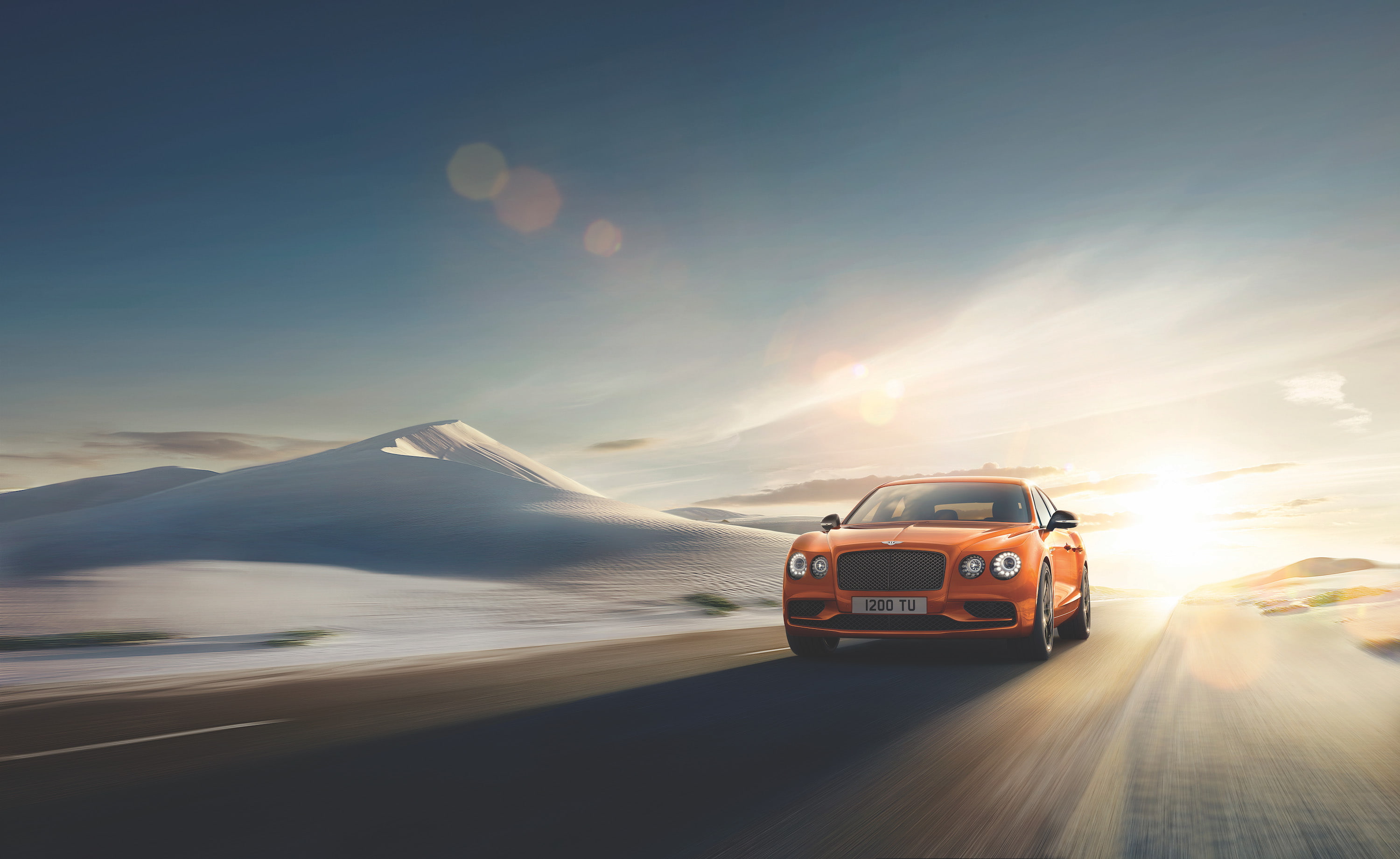 near, 2K, street, HD, Bentley Flying Spur W12 S, Bentley, car, dunes, running, sand, Luxury sedan, orange, HD Wallpaper