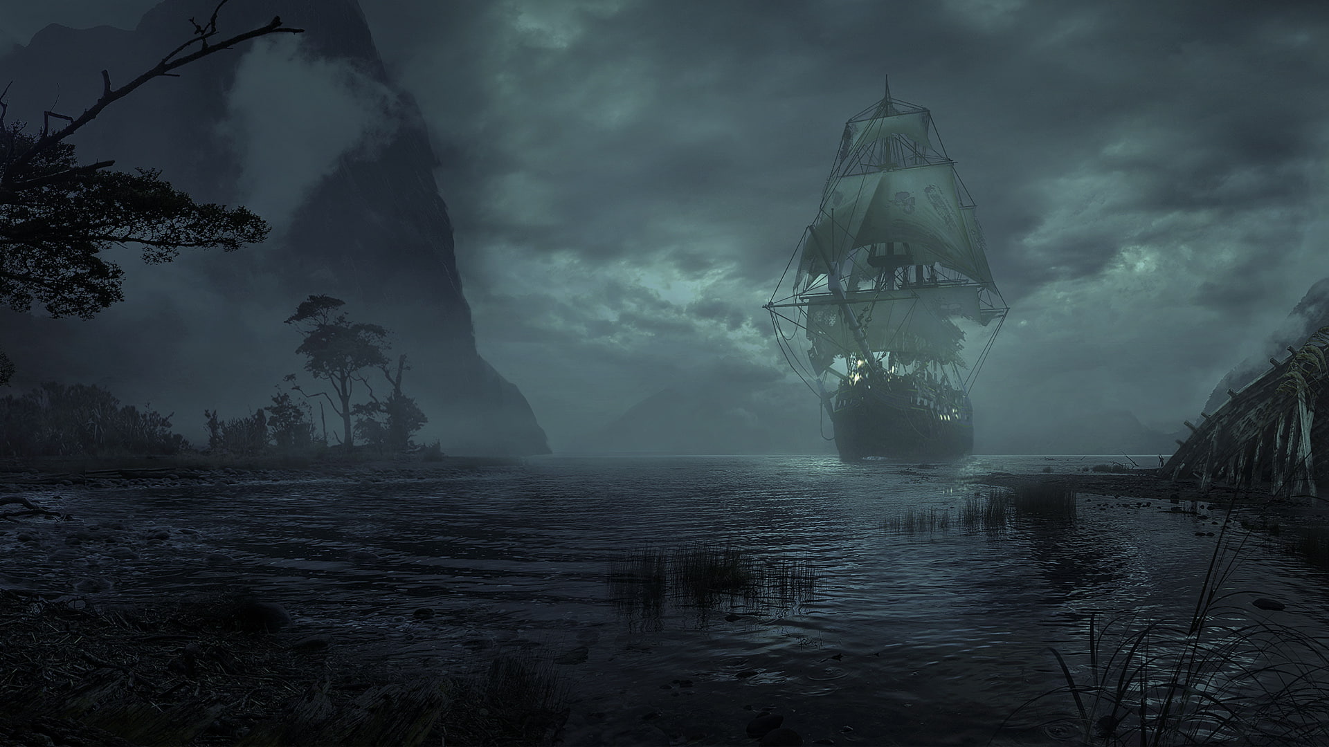 night, sailing, 1080P, football, art, sports, sea, hd, px, ship, 1920x1080 px, x, Landscape, Sailing Ship, HD Wallpaper