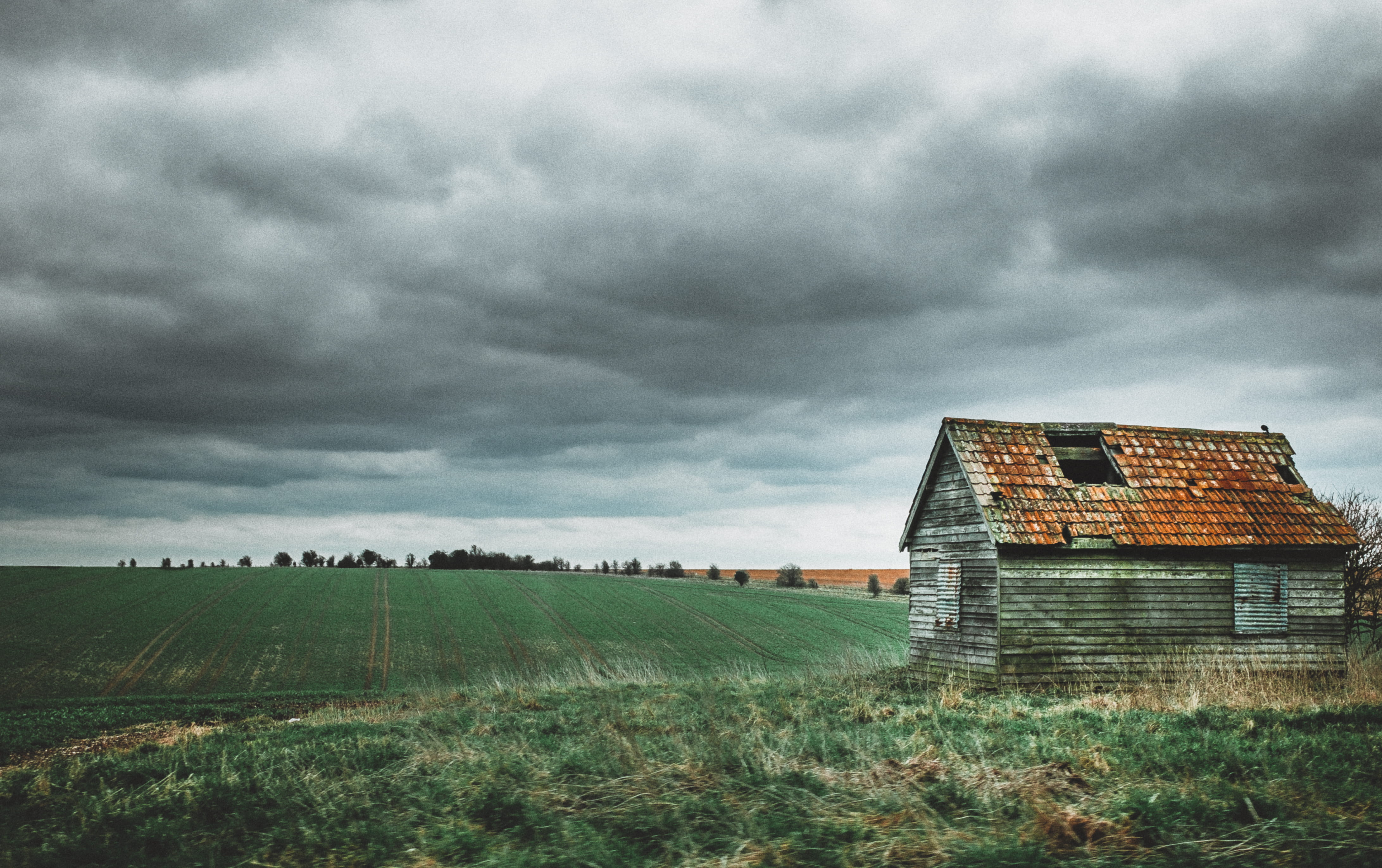ominous, grey, cropland, wooden, grass, scenic, near, building exterior, storm cloud, environment, abandoned, rustic, brown, cloud - sky, storm, farm, daylight, HD Wallpaper