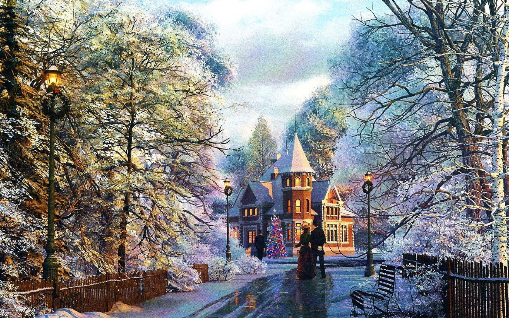 direction, Artistic, Street Light, snow, walking, men, building exterior, plant, Mansion, built structure, tree, winter, Christmas Tree, sky, outdoors, HD Wallpaper