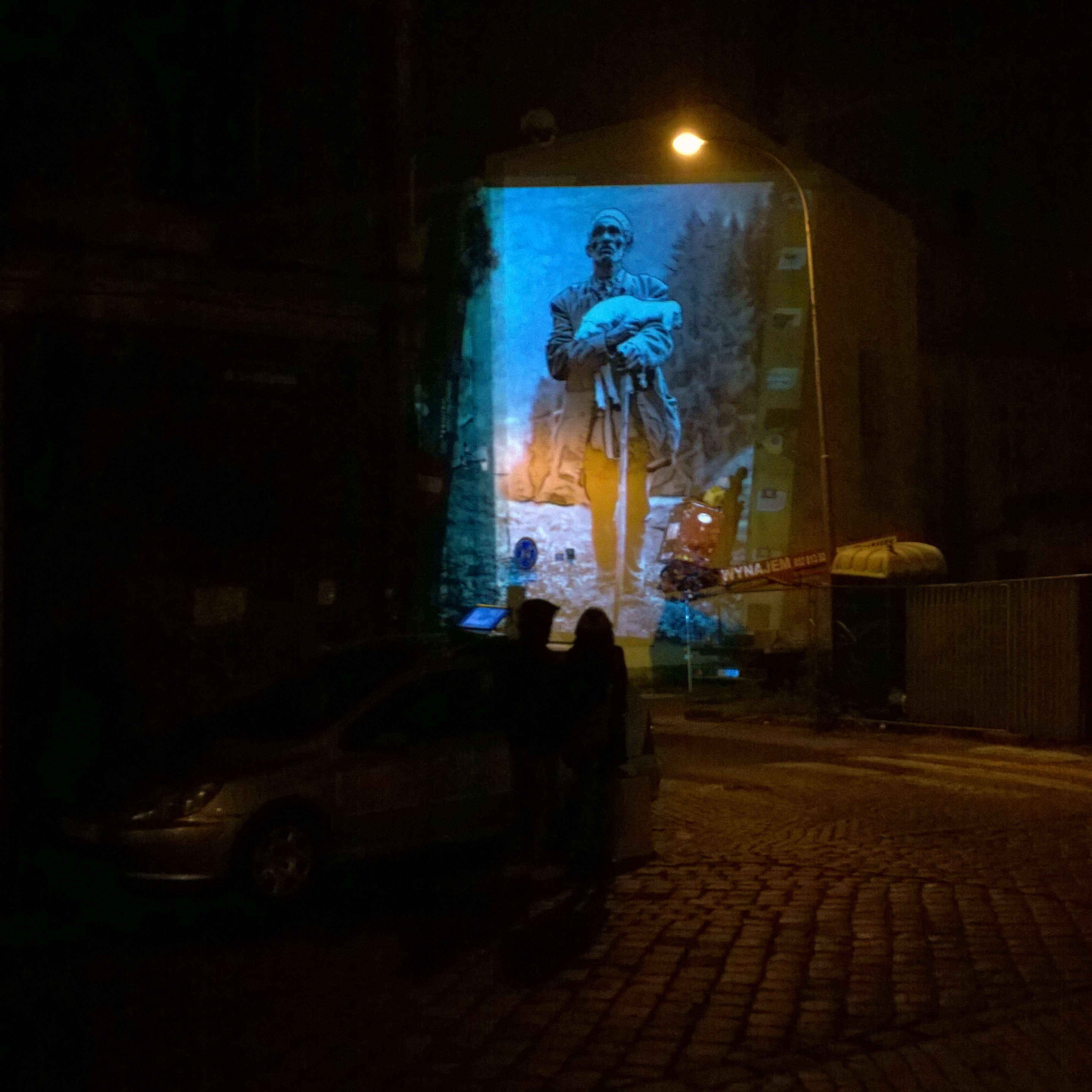 built structure, 2K, bielskobiala, street, motion, streetart, illuminated, one person, lumia1020, architecture, outdoors, human representation, night, Phone HD Wallpaper