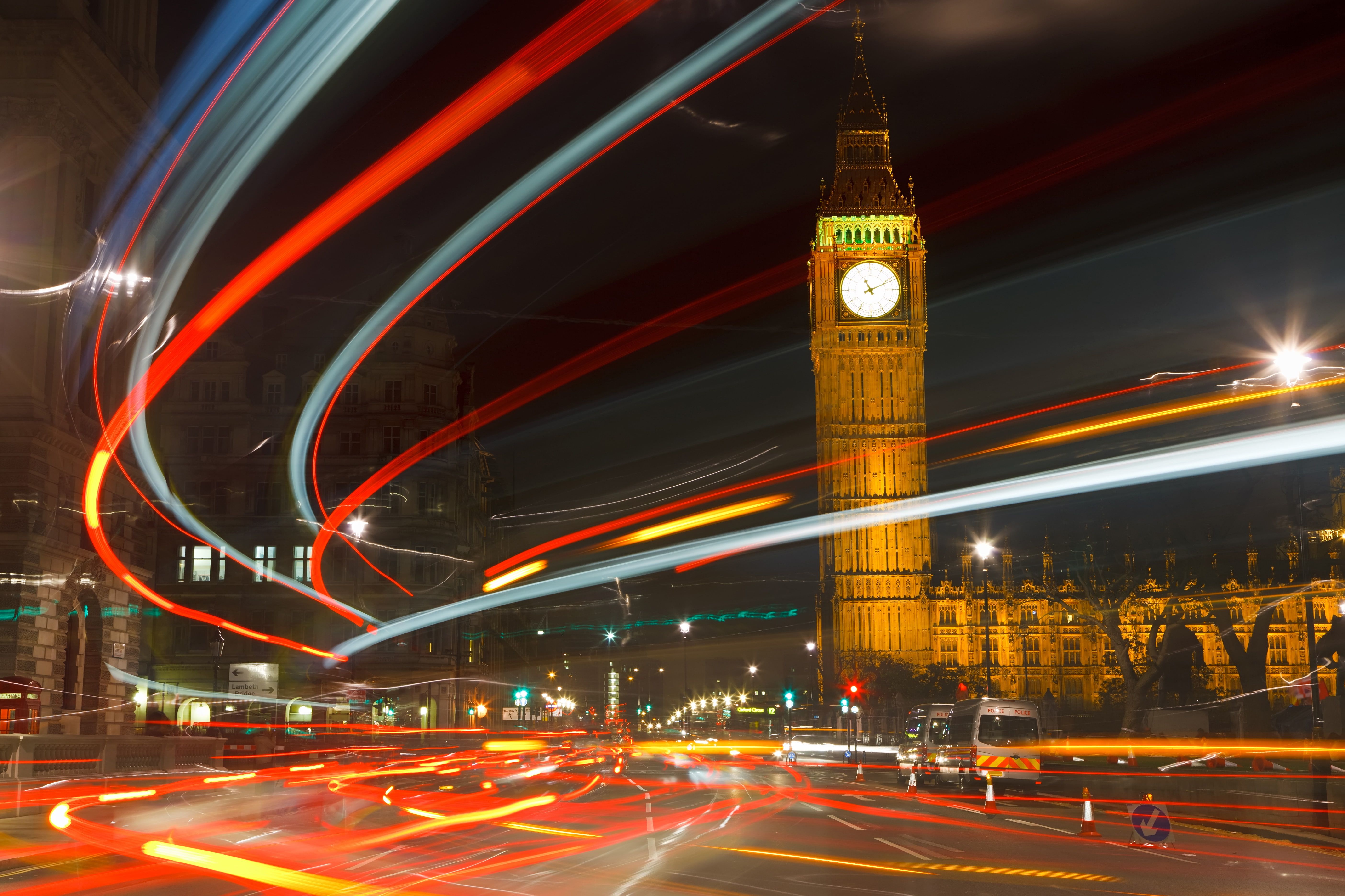 downtown District, illuminated, car, clock, motion, multiple Lane Highway, blue, travel Destinations, dark, uK, no people, capital Cities, speed, twilight, HD Wallpaper
