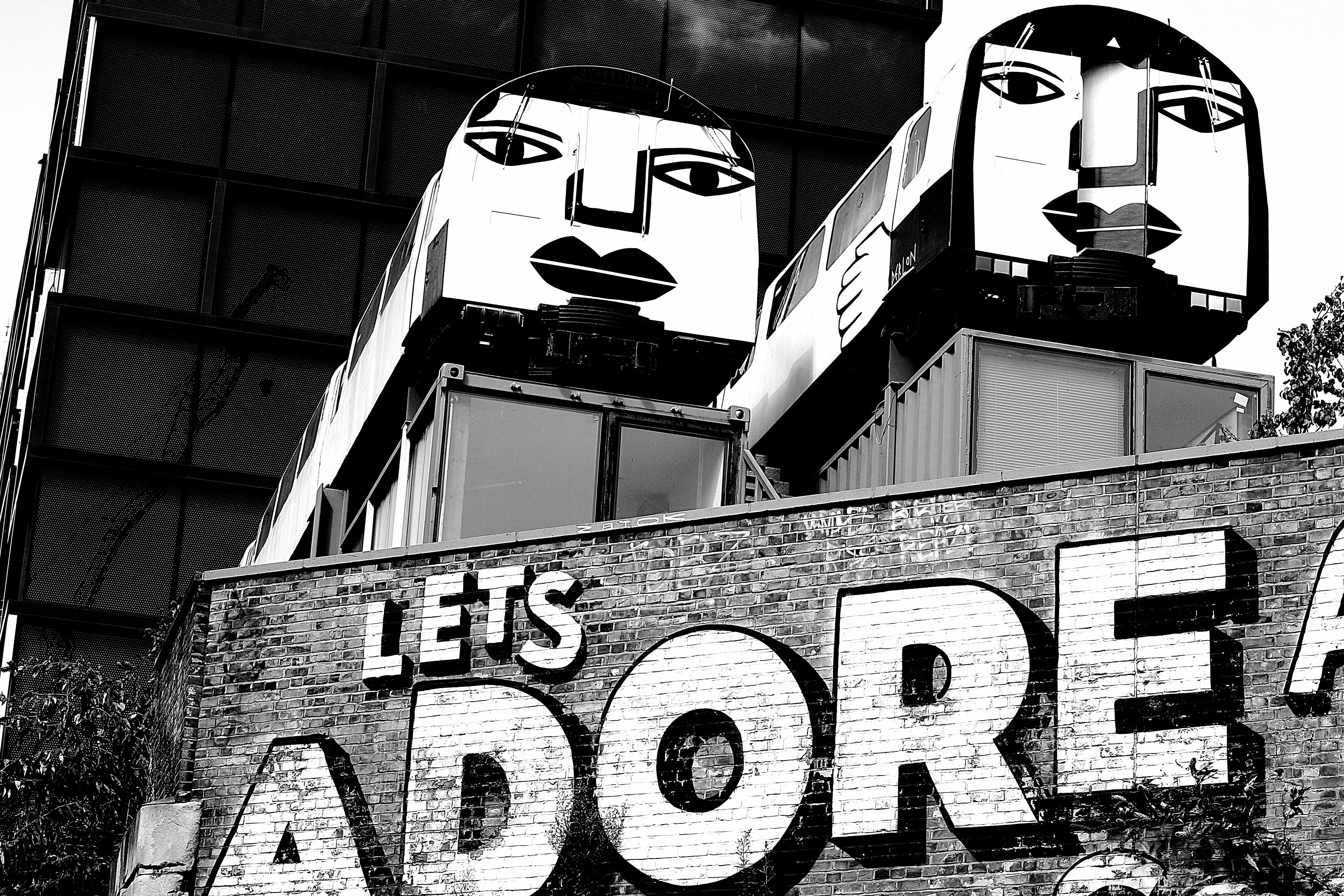 communication, low angle view, graffiti, western script, london, photowalk, human representation, wall - building feature, no people, black and white, building exterior, HD Wallpaper
