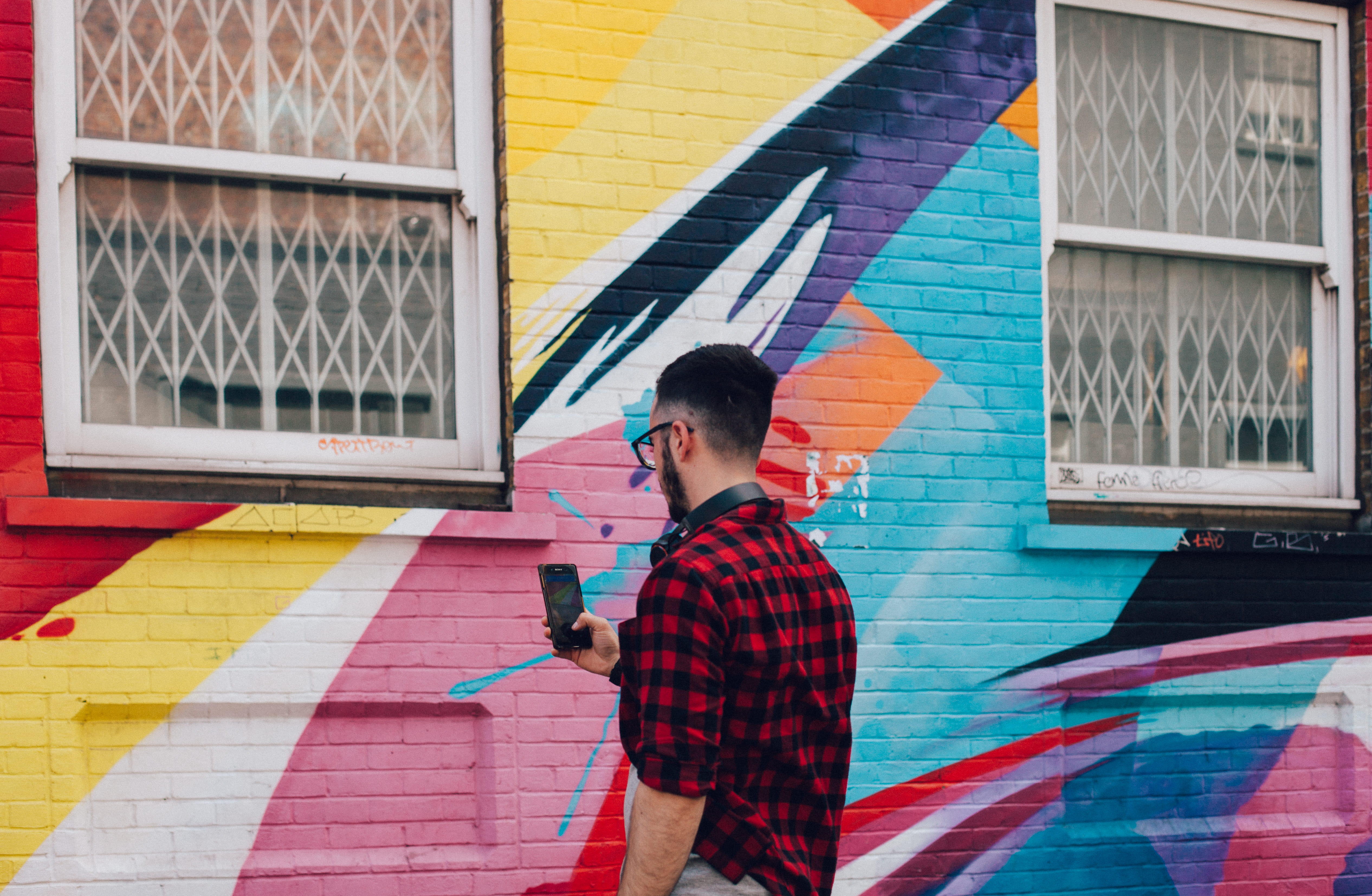 outdoors, man, window, building, side view, city, phone, day, wall, color, built structure, london, standing, real people, street art, street, united kingdom, HD Wallpaper
