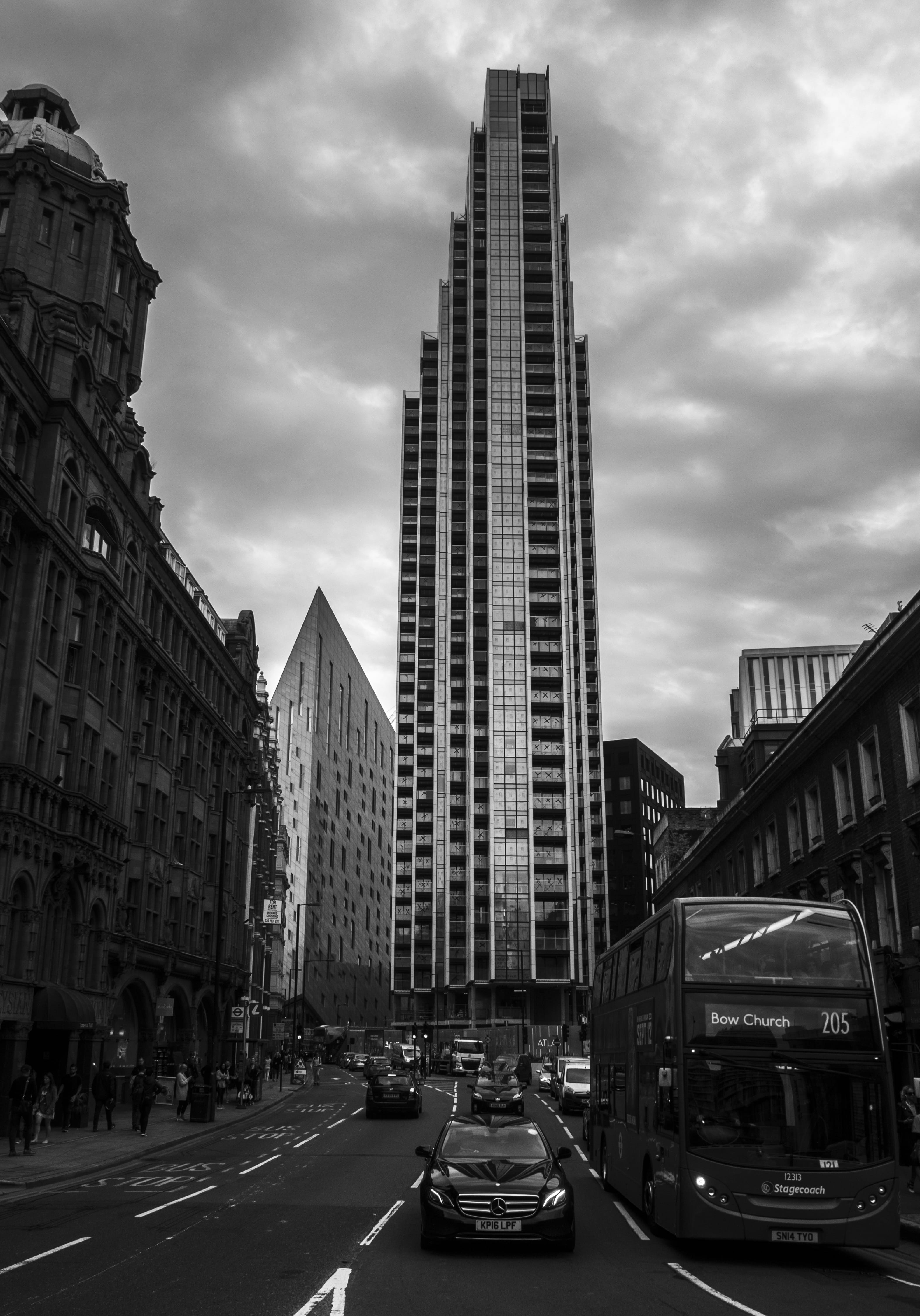land vehicle, building exterior, day, road, skyscraper, city, 4K, incidental people, street, shoreditch, transportation, cloud - sky, city street, London, Phone HD Wallpaper