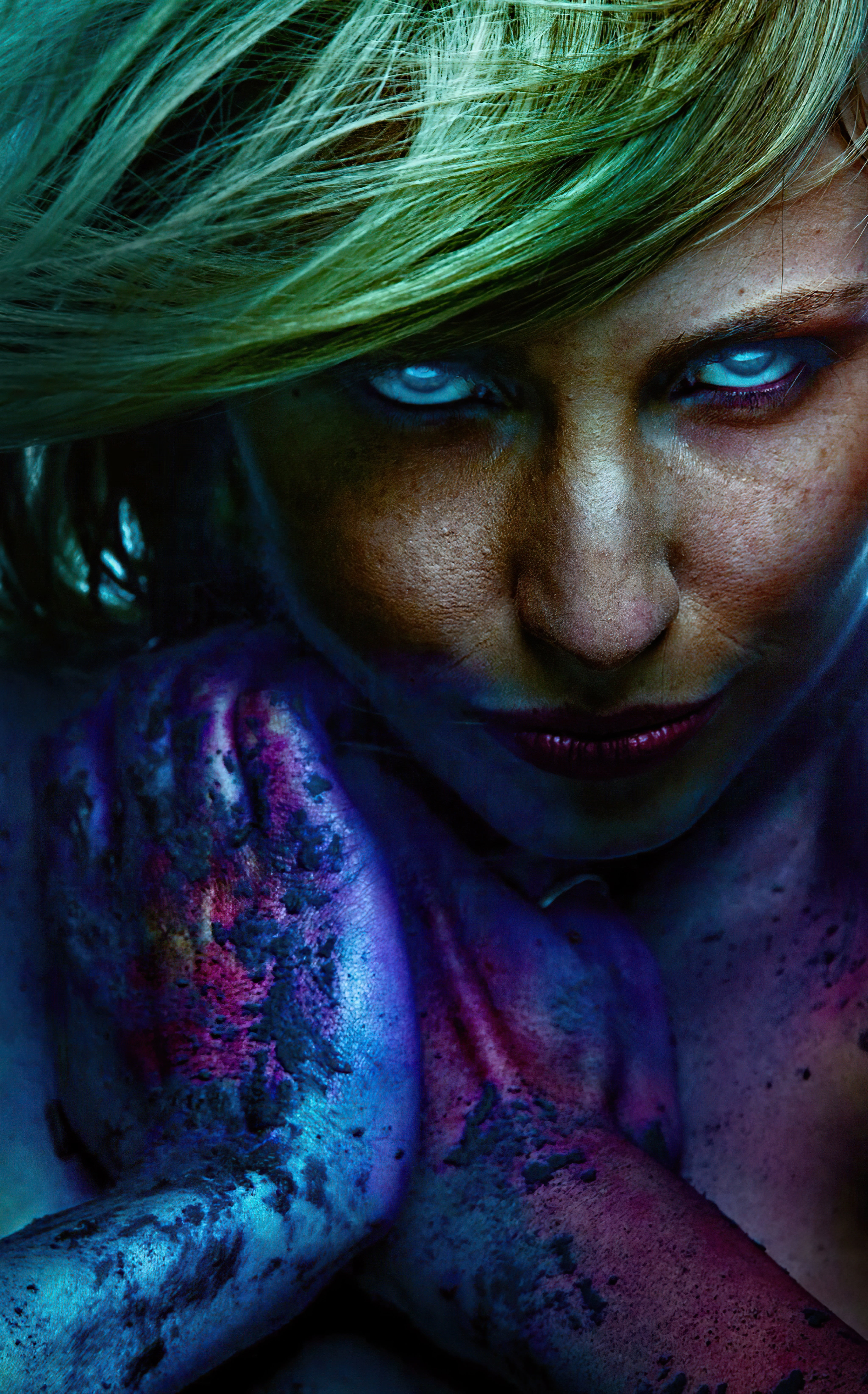 digital art, women, green hair, looking at viewer, blue eyes, #realistic depiction, face, realistic, paint splatter, 5K, Phone HD Wallpaper