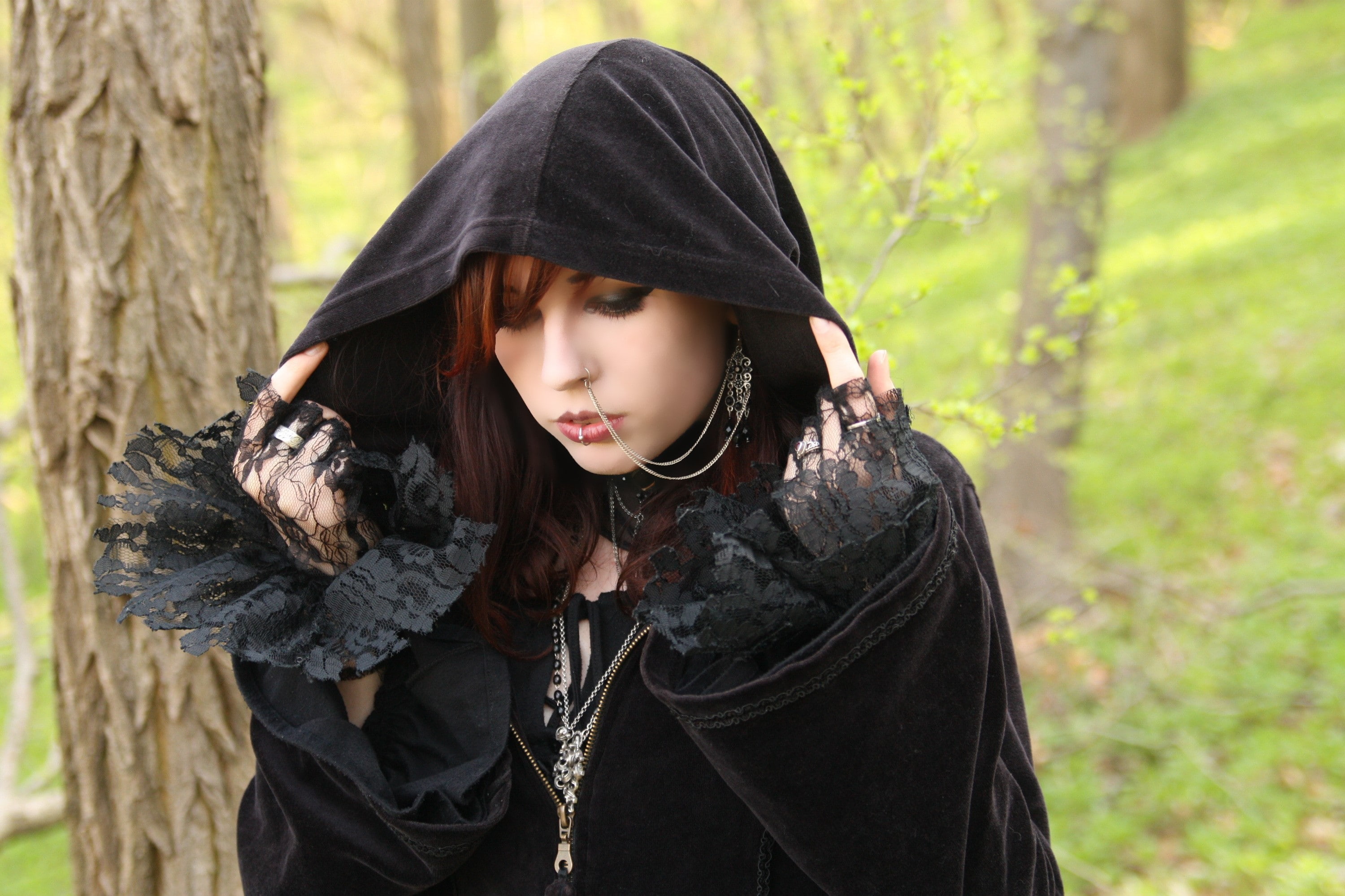 Gothic, nature, warm clothing, hood - clothing, black color, Girl, plant, Piercing, standing, outdoors, witch, front view, tree trunk, beautiful woman, HD Wallpaper