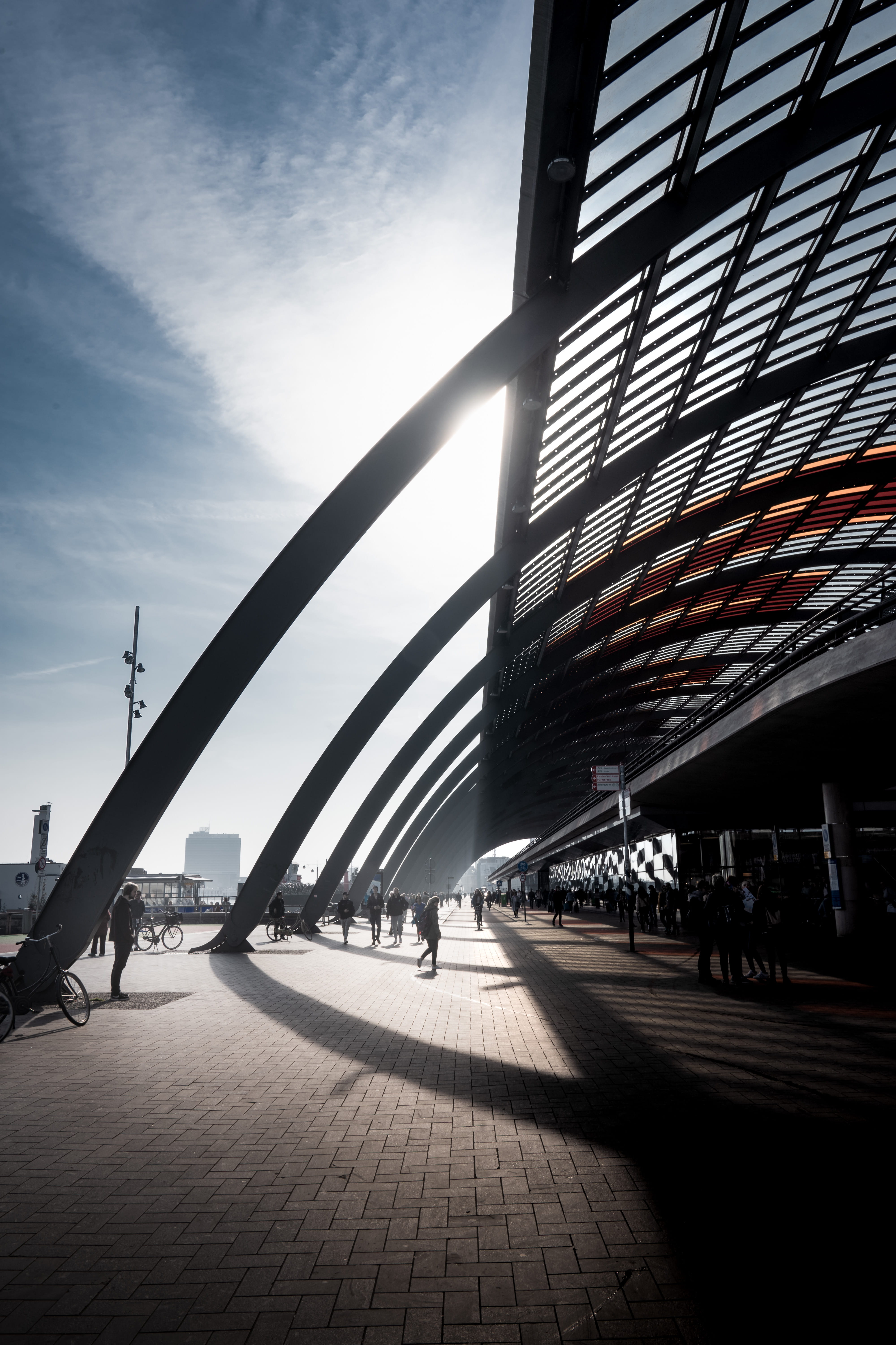 built structure, person, shadow, connection, people, street, sun, outdoors, light, the netherlands, building exterior, cloud - sky, day, urban, sunlight, Phone HD Wallpaper