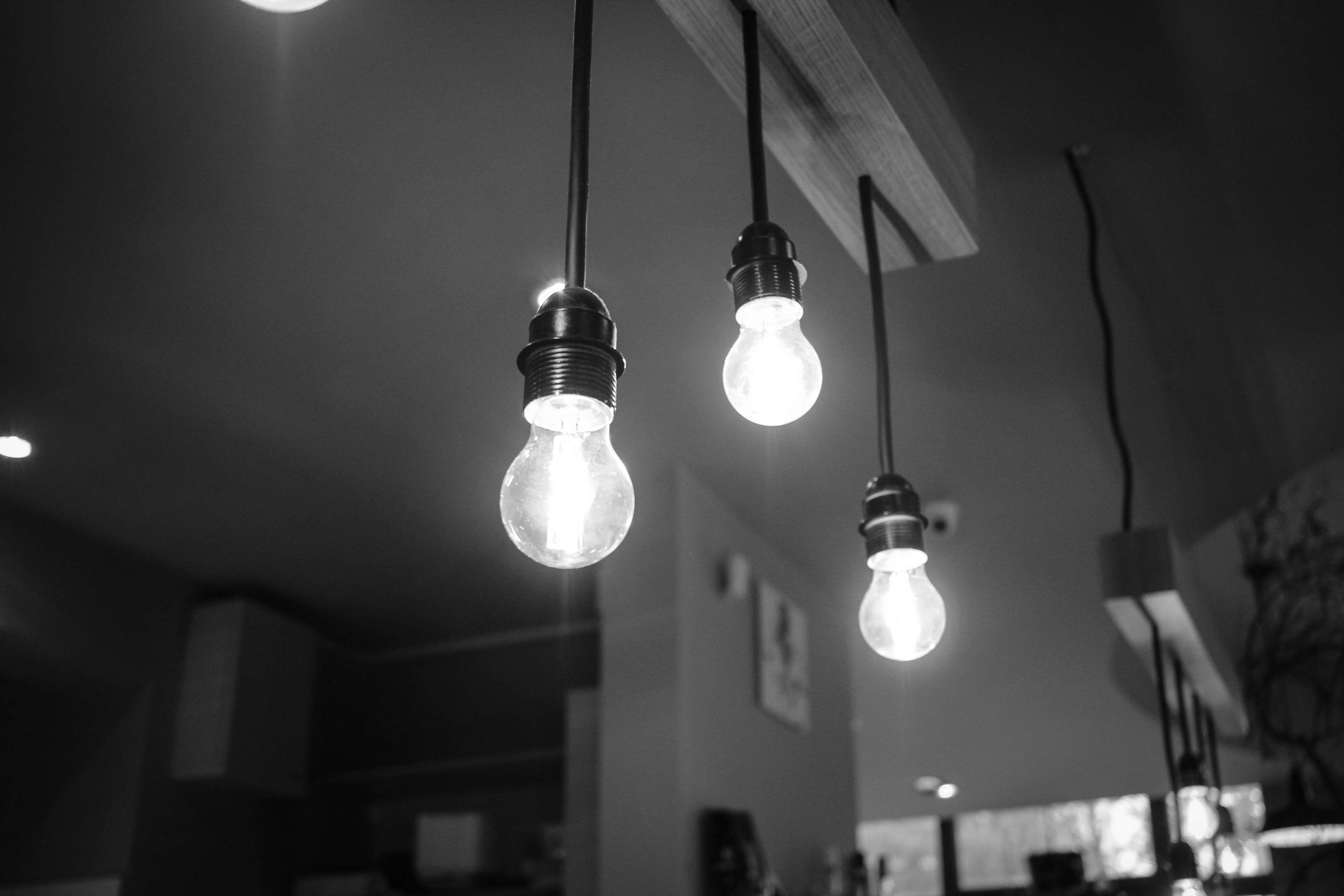 technology, illuminated, light bulb, light - natural phenomenon, interior design, electric light, black and white, in a row, electric lamp, dark, monochrome, HD Wallpaper