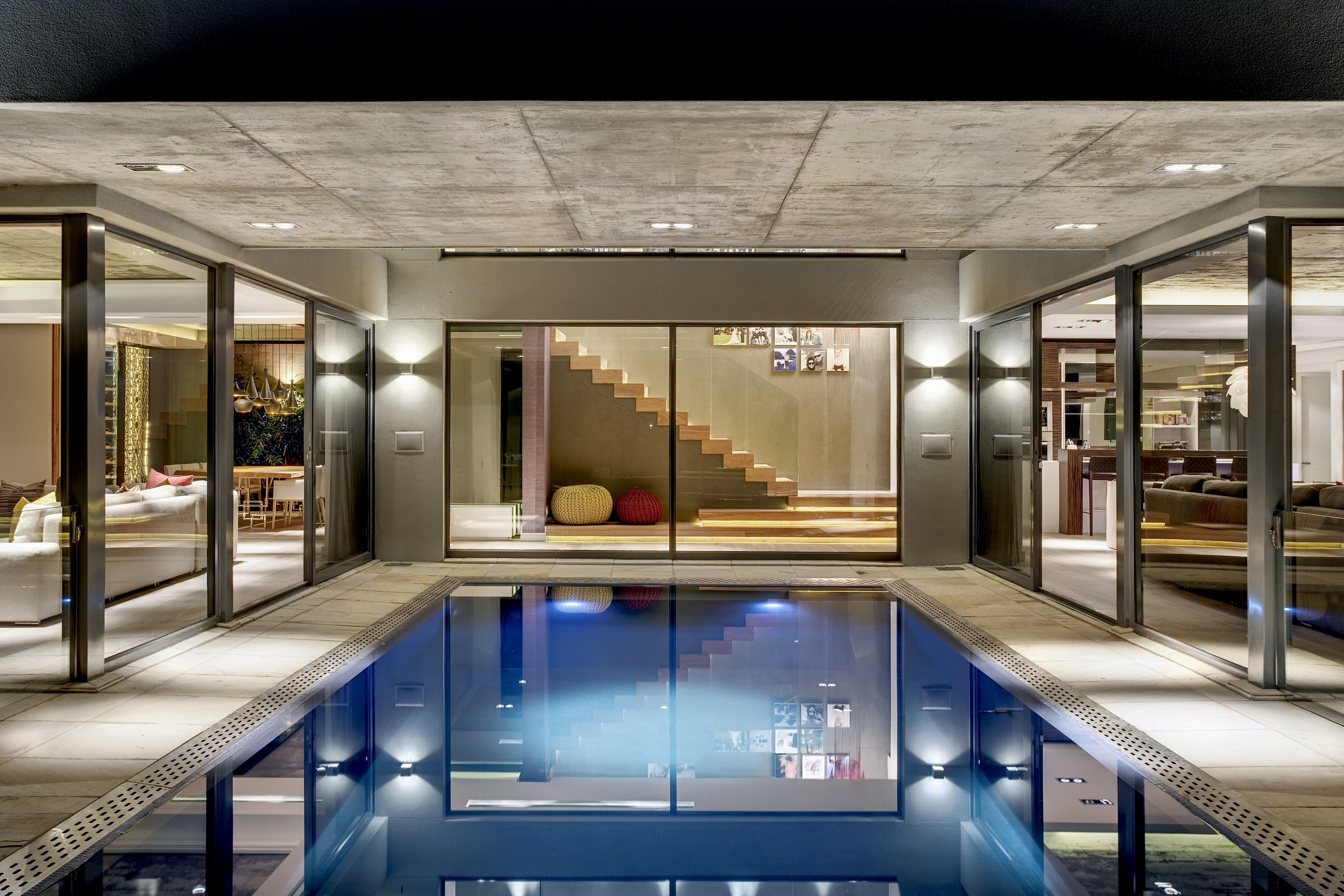 night, building, elegance, flooring, tables, indoors, inground, lighting equipment, wealth, architecture, empty, entrance, interior, modern, transparent, HD Wallpaper
