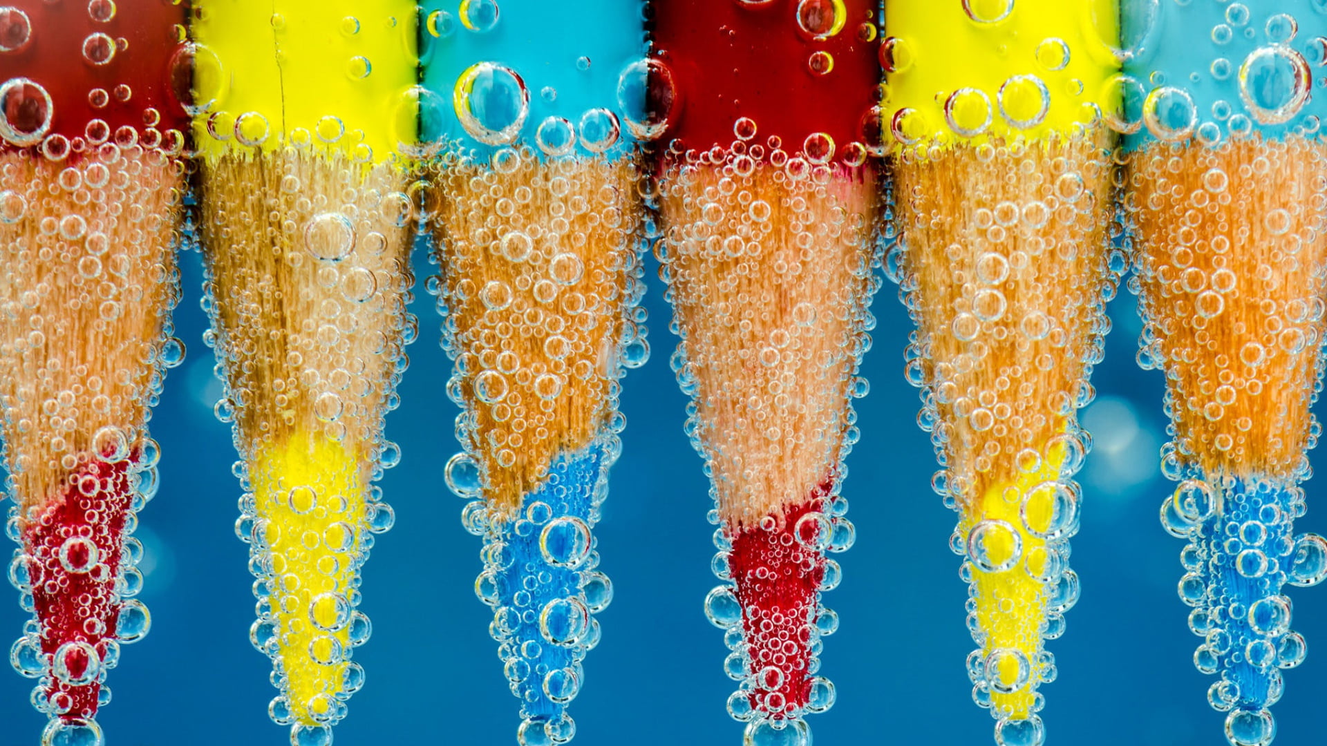 blue, 1080P, water, colors, yellow, Pencils, colorful, bubbles, miscellanea, red, HD Wallpaper