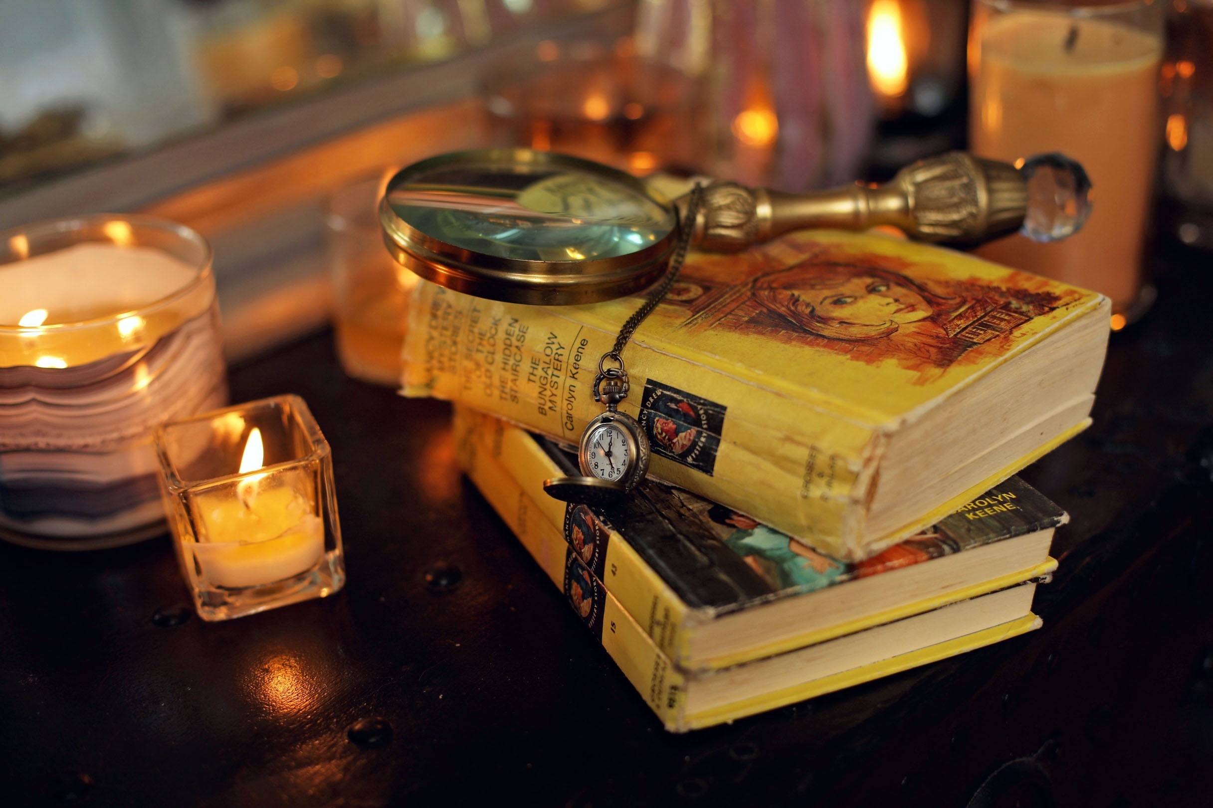 pocket watch, clock, table, magnifying glass, Books, 1080P, miscellanea, candles, HD Wallpaper