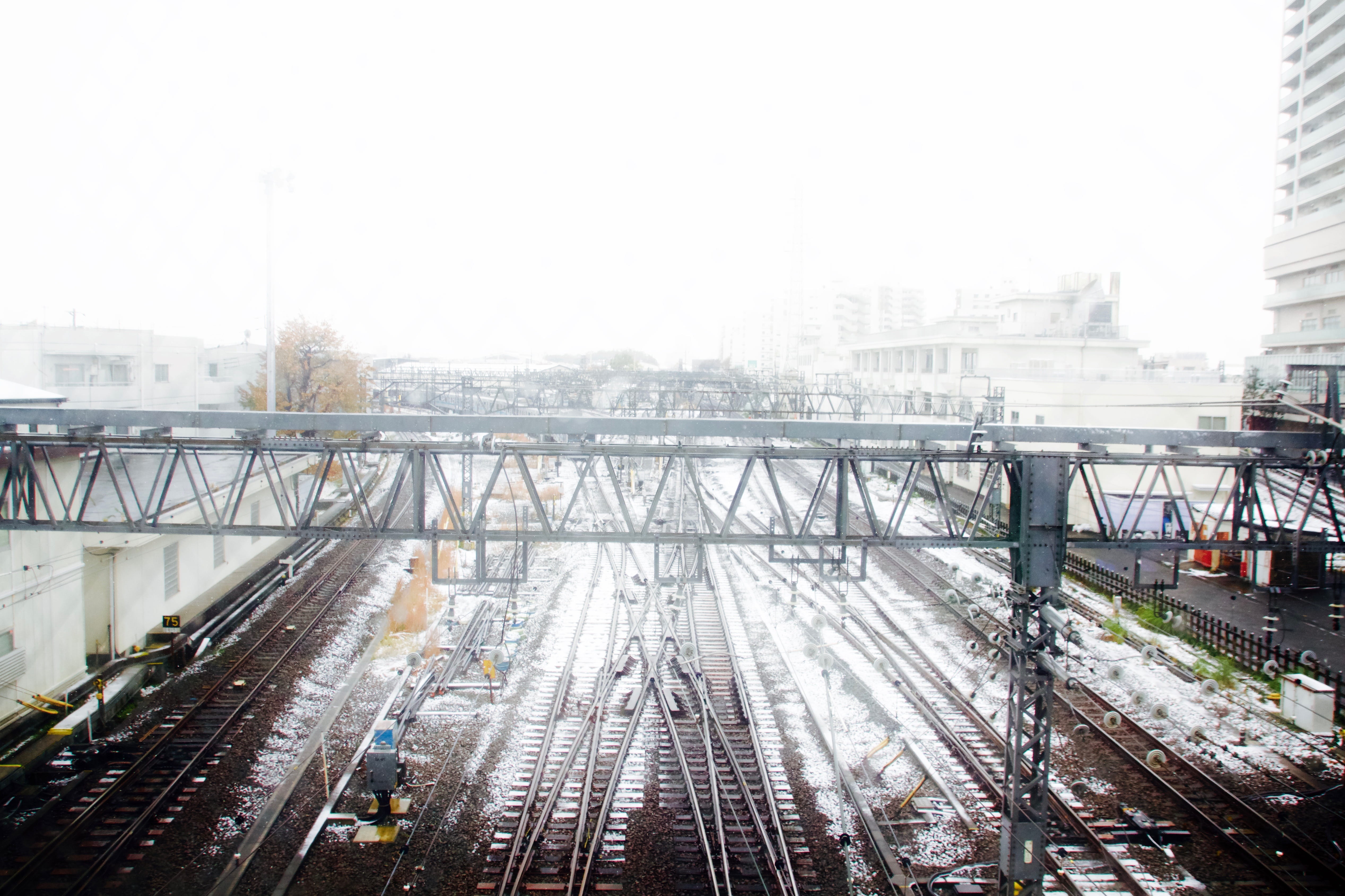 sagamihara, nature, sky, rail transportation, track, connection, japan, snow, transportation, 4K, city, architecture, bridge, outdoors, railroad track, HD Wallpaper