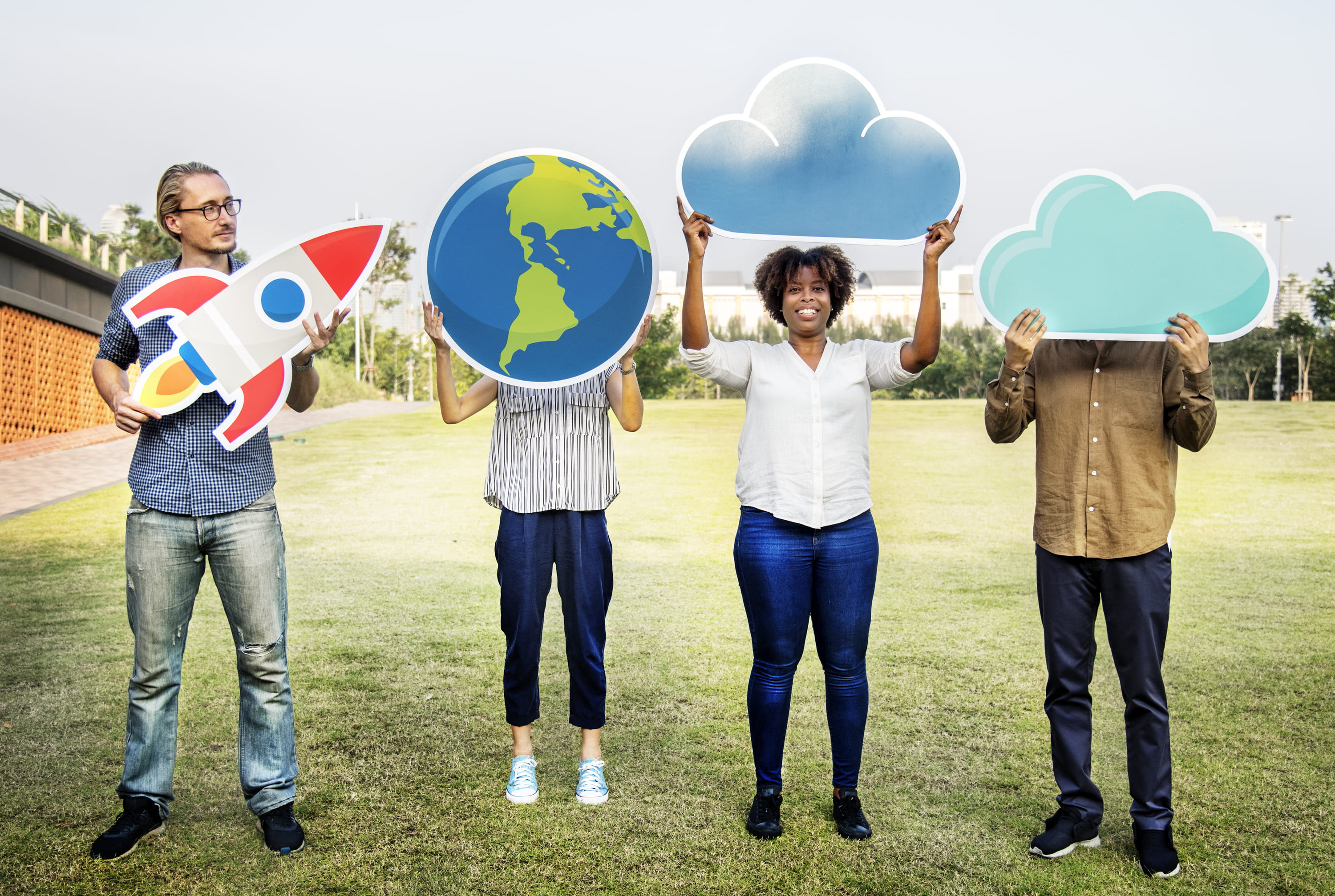 group of people, innovation, males, standing, globe, full length, grass, cloud, daylight, women, emotion, 2K, teamwork, casual clothing, looking at camera, HD Wallpaper