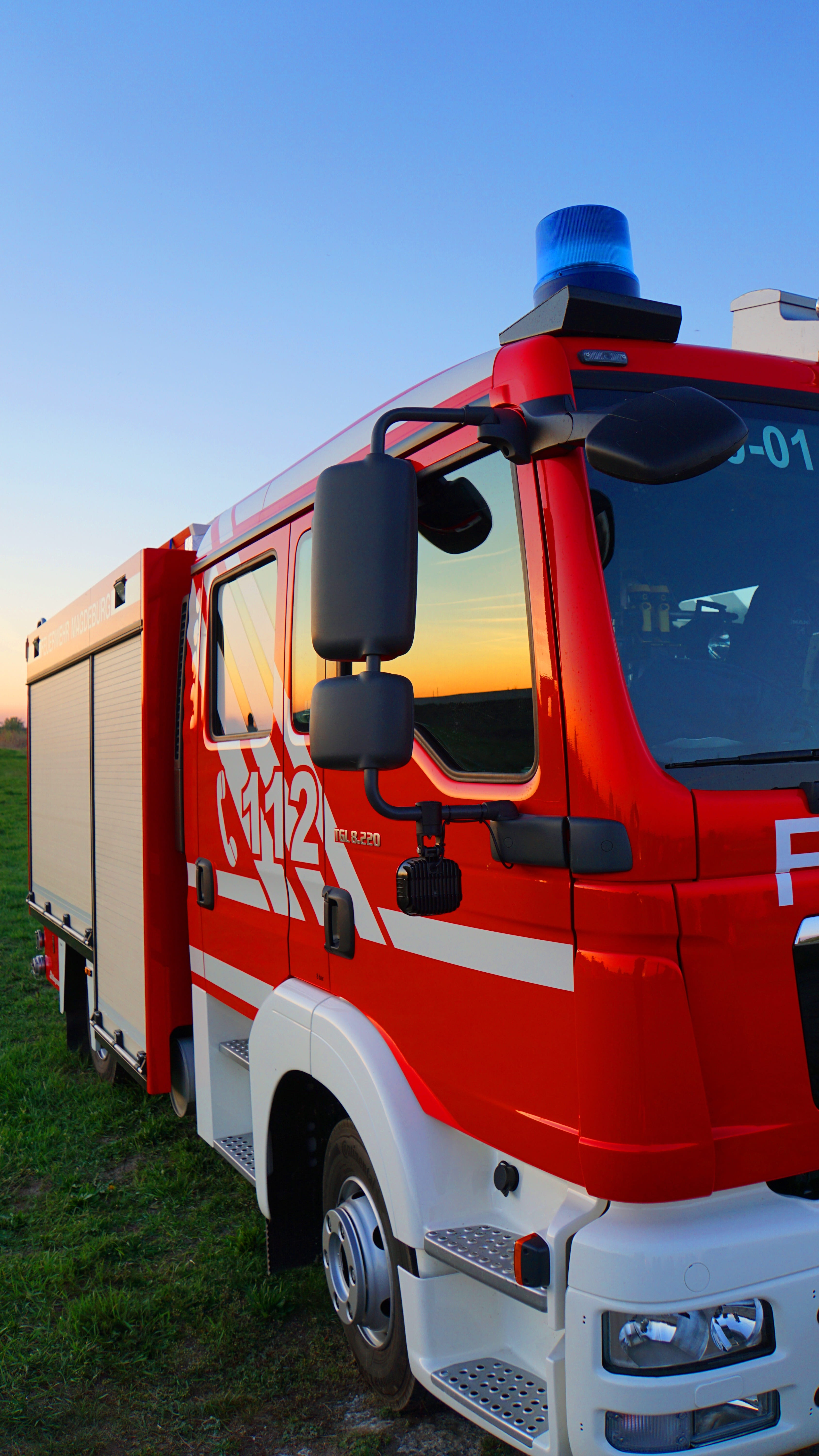 heroes, fire fighting, land, protection, green, fire truck, red, no people, grass, fire engine, volunteer firefighter, löschzug, magdeburg, 5K, truck, Phone HD Wallpaper