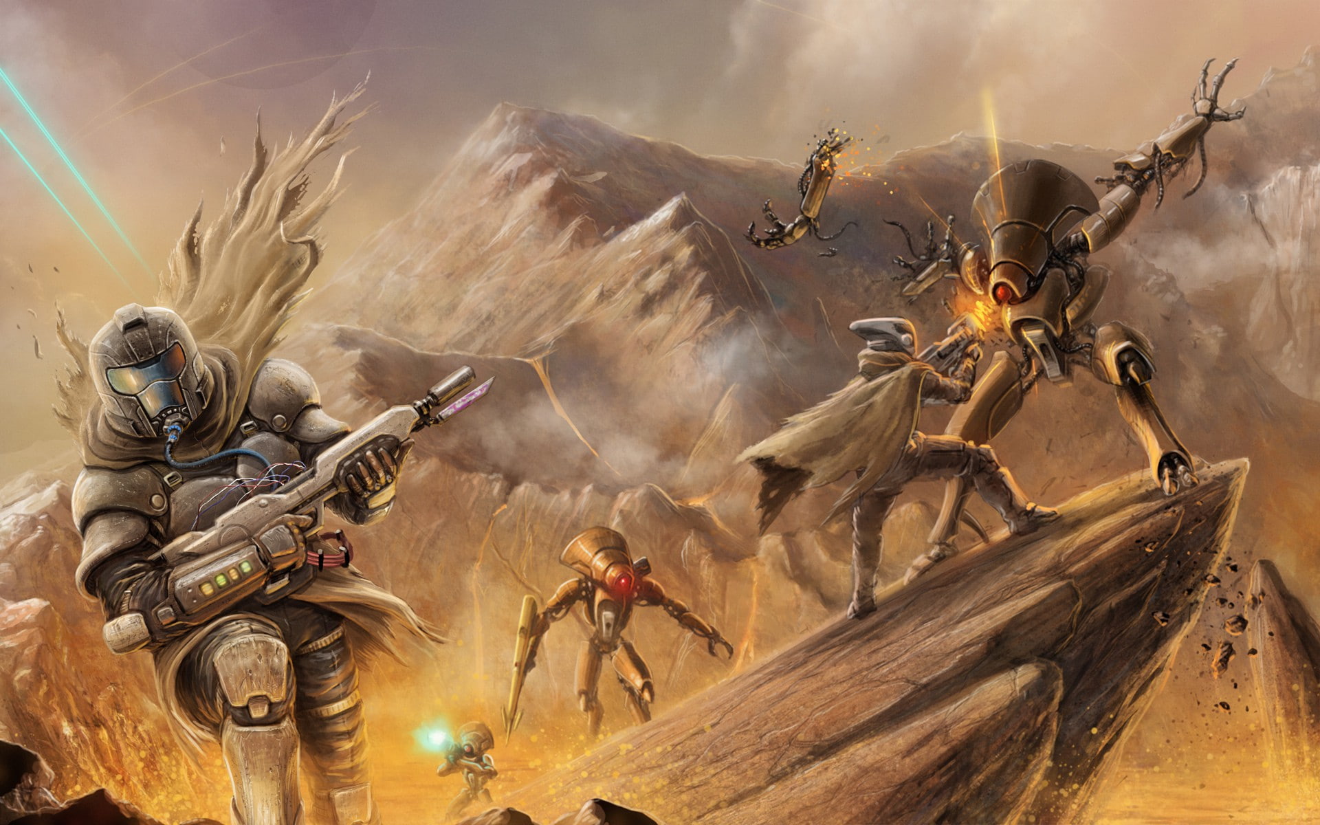 Destiny, 1080P, battle robots, art, Bungie, rocks, weapons, soldiers, game, HD Wallpaper
