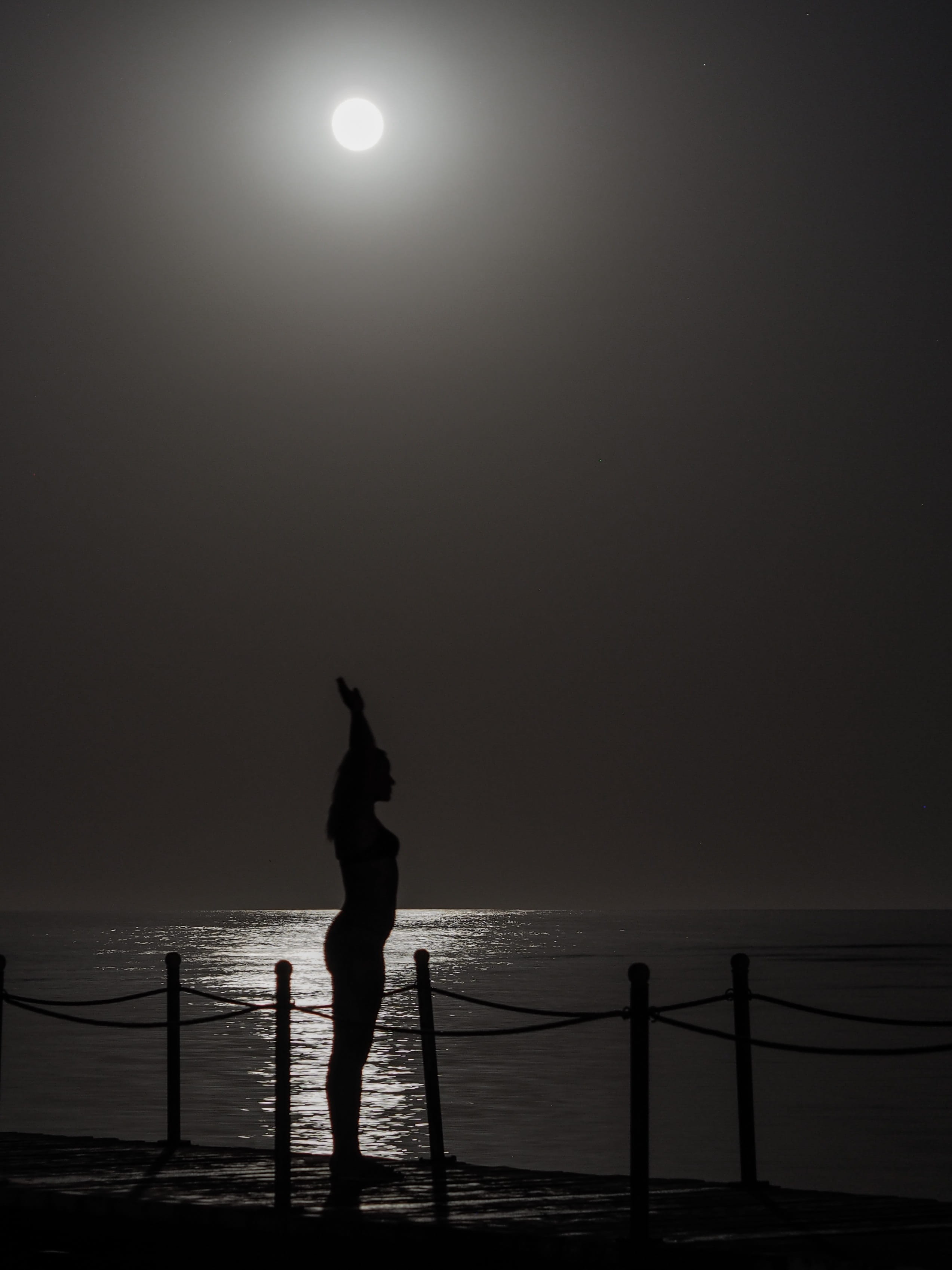 horizon over water, railing, Moon, moonlight, outdoors, arms raised, sea, Photograph, sunset, 2K, water, beauty in nature, sky, one person, lifestyles, Phone HD Wallpaper