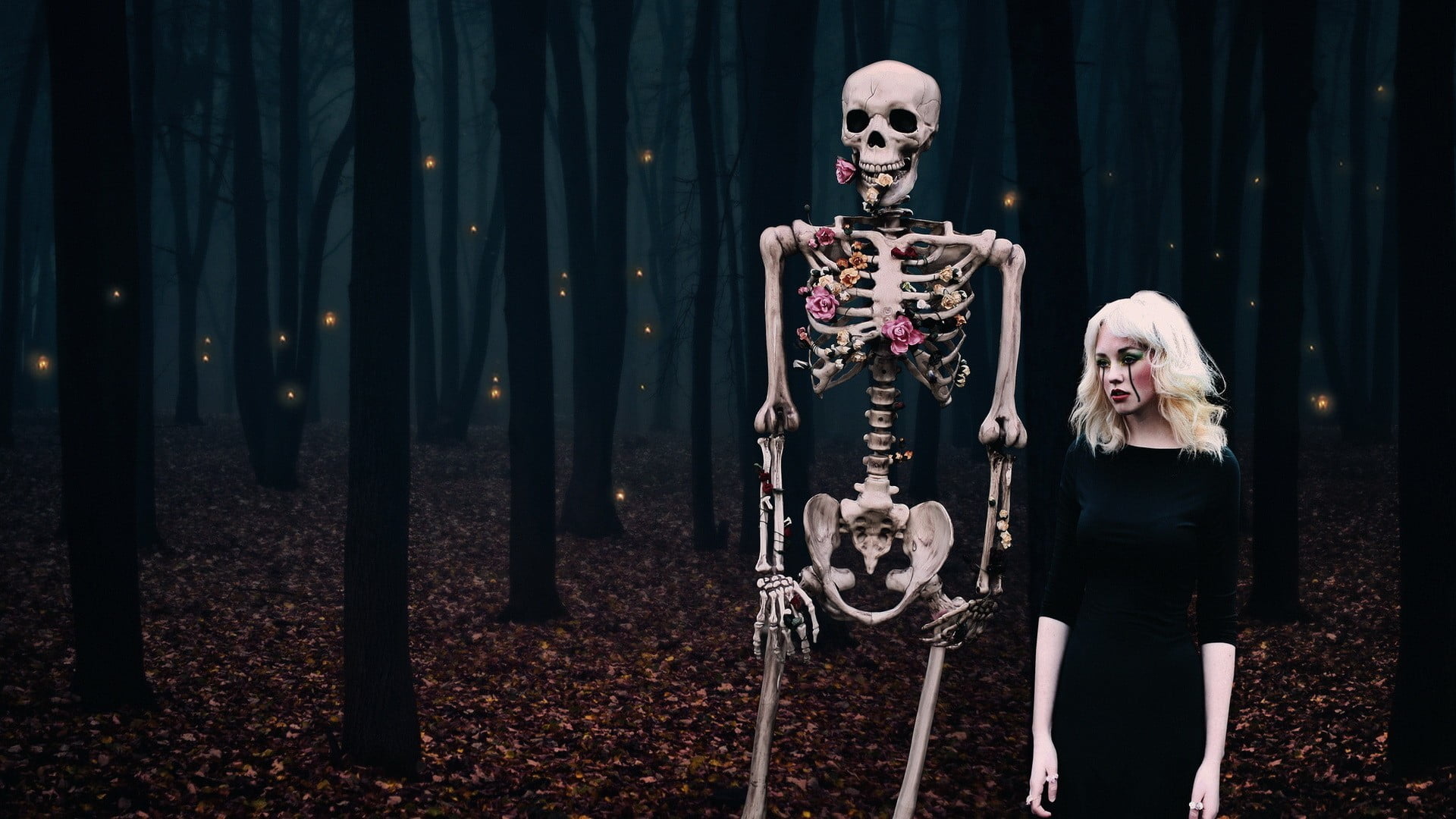 representation, fantasy girl, human skull, human representation, human bone, looking at camera, costume, bones, blonde, horror, real people, standing, spooky, HD Wallpaper