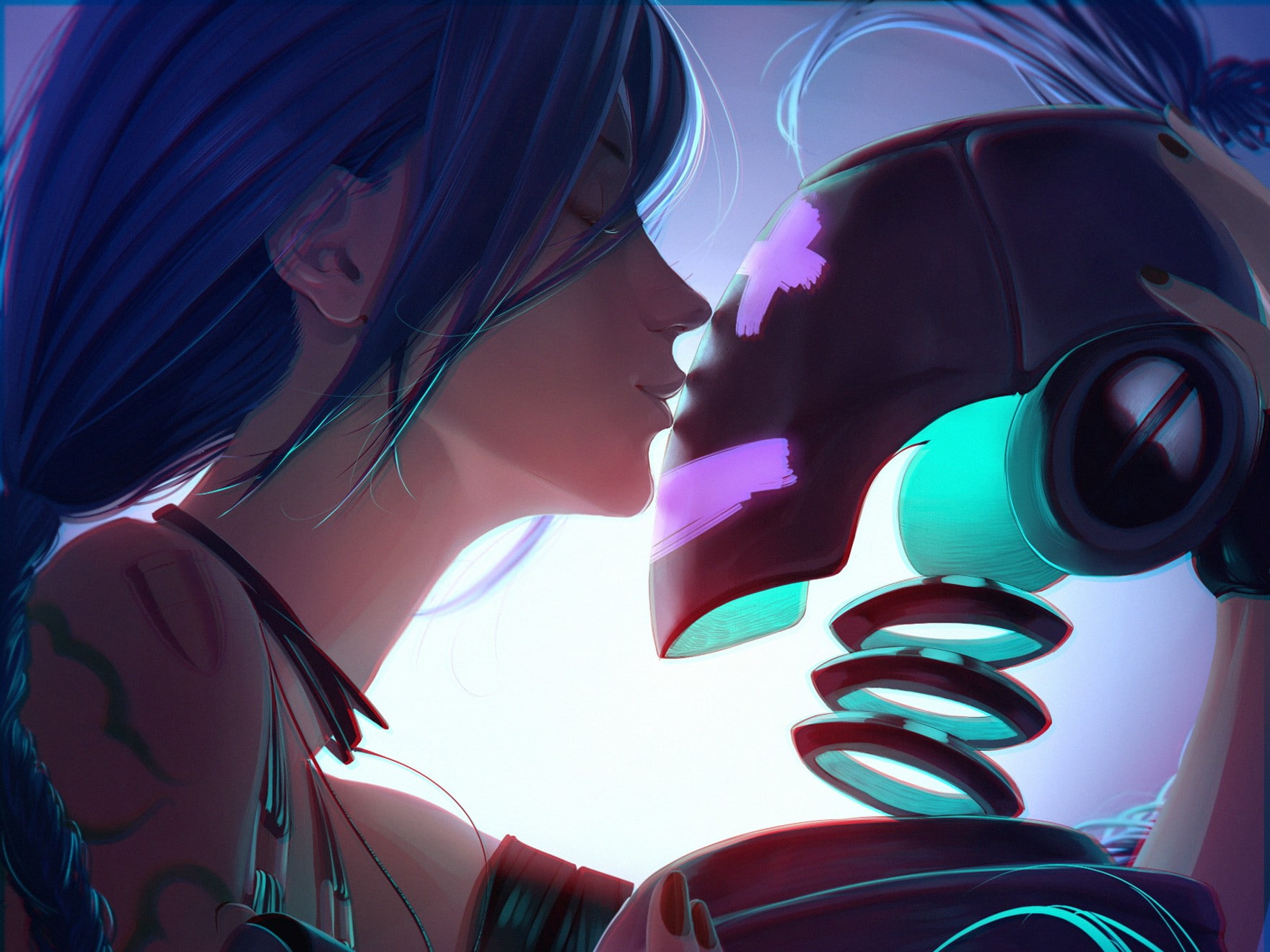 720P, anime, long hair, robot, League of Legends, Jinx (League of Legends), kissing, anime girls, blue hair, HD Wallpaper