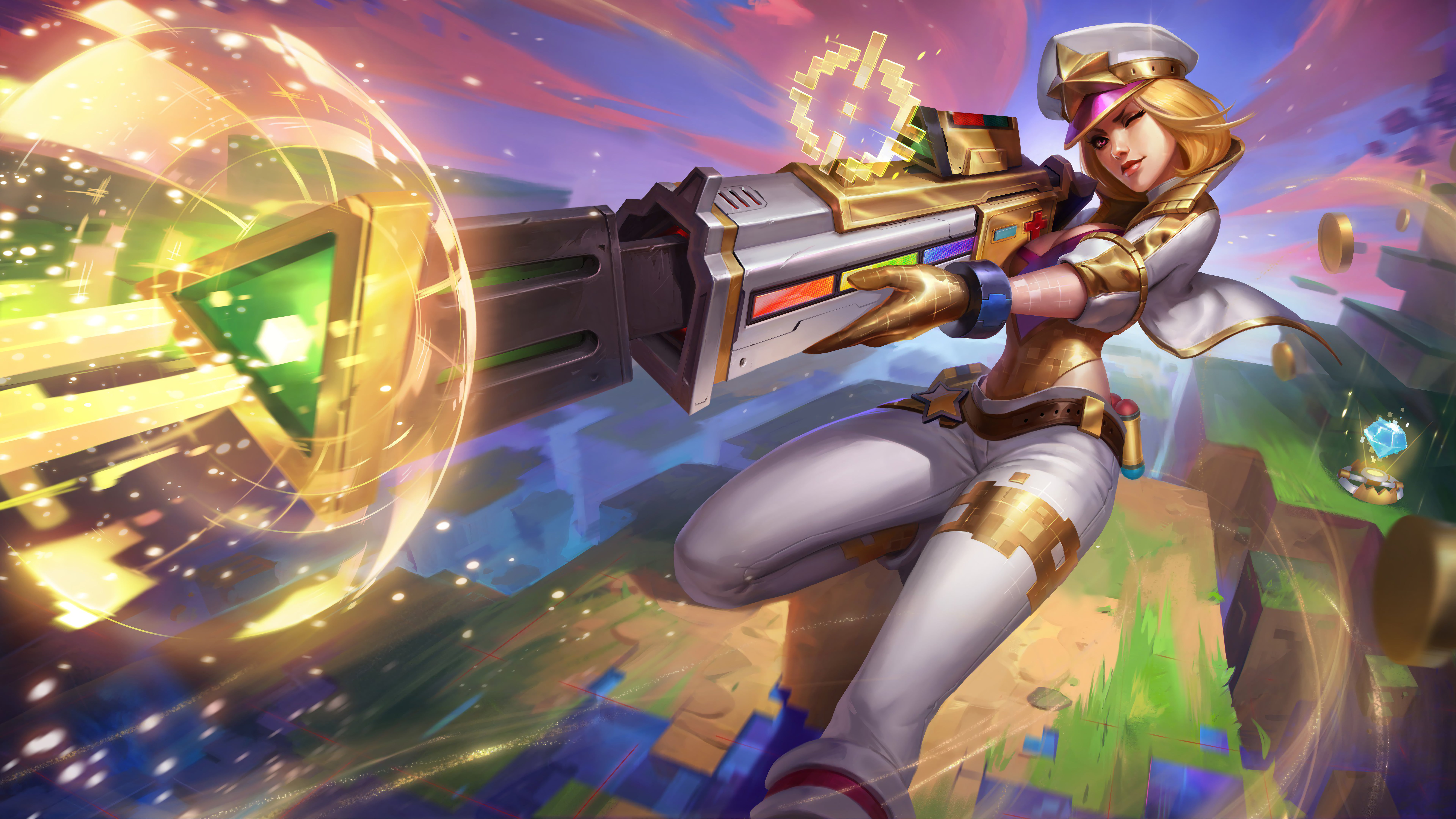 video games, pixels, Caitlyn (League of Legends), arcade, 8K, League of Legends, HD Wallpaper