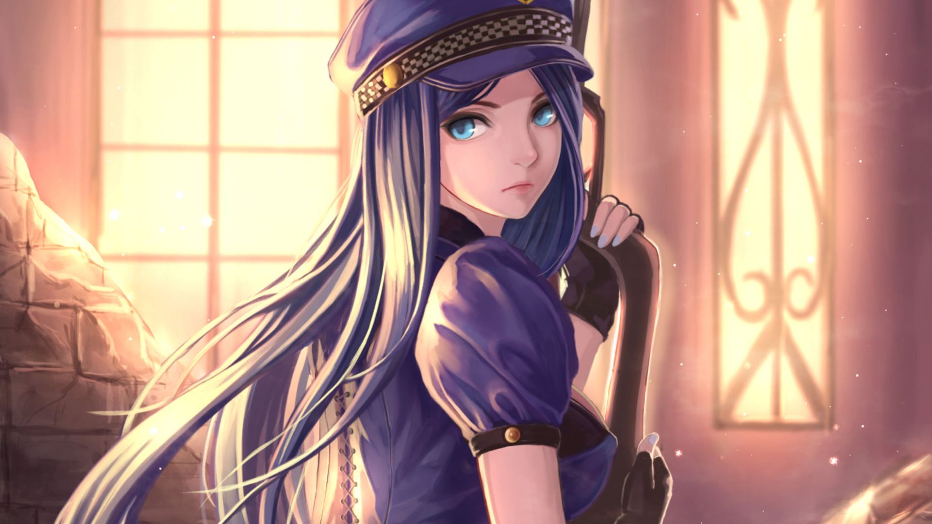 clothing, character, haired, Long Hair, Caitlyn (League Of Legends), wall, young adult, indoors, female, leisure activity, one person, waist up, focus on foreground, HD Wallpaper