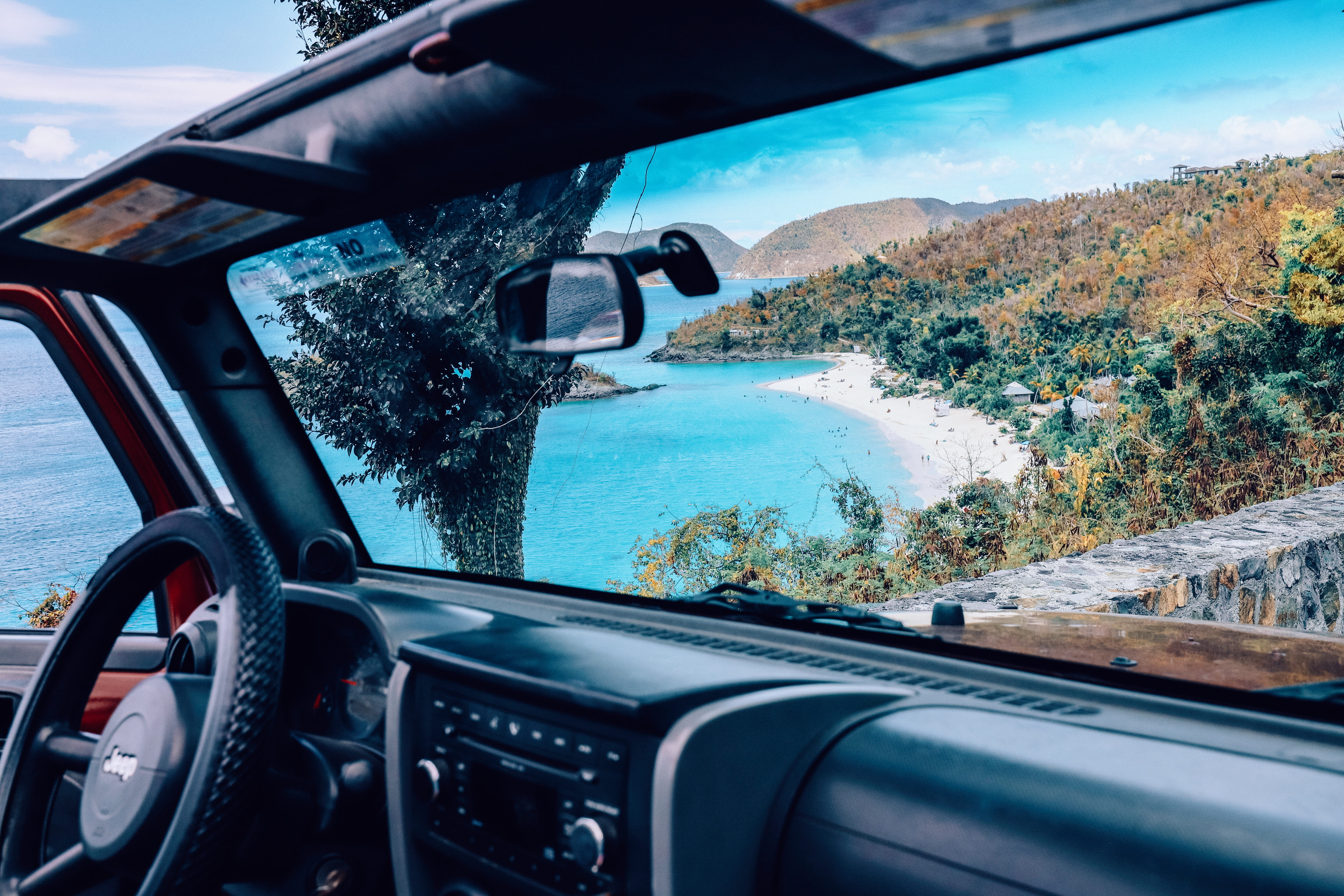 car interior, one person, jeep, transportation, outdoors, control panel, caribbean, car, water, virgin islands, start livin, wheel, vehicle, mode of transportation, HD Wallpaper