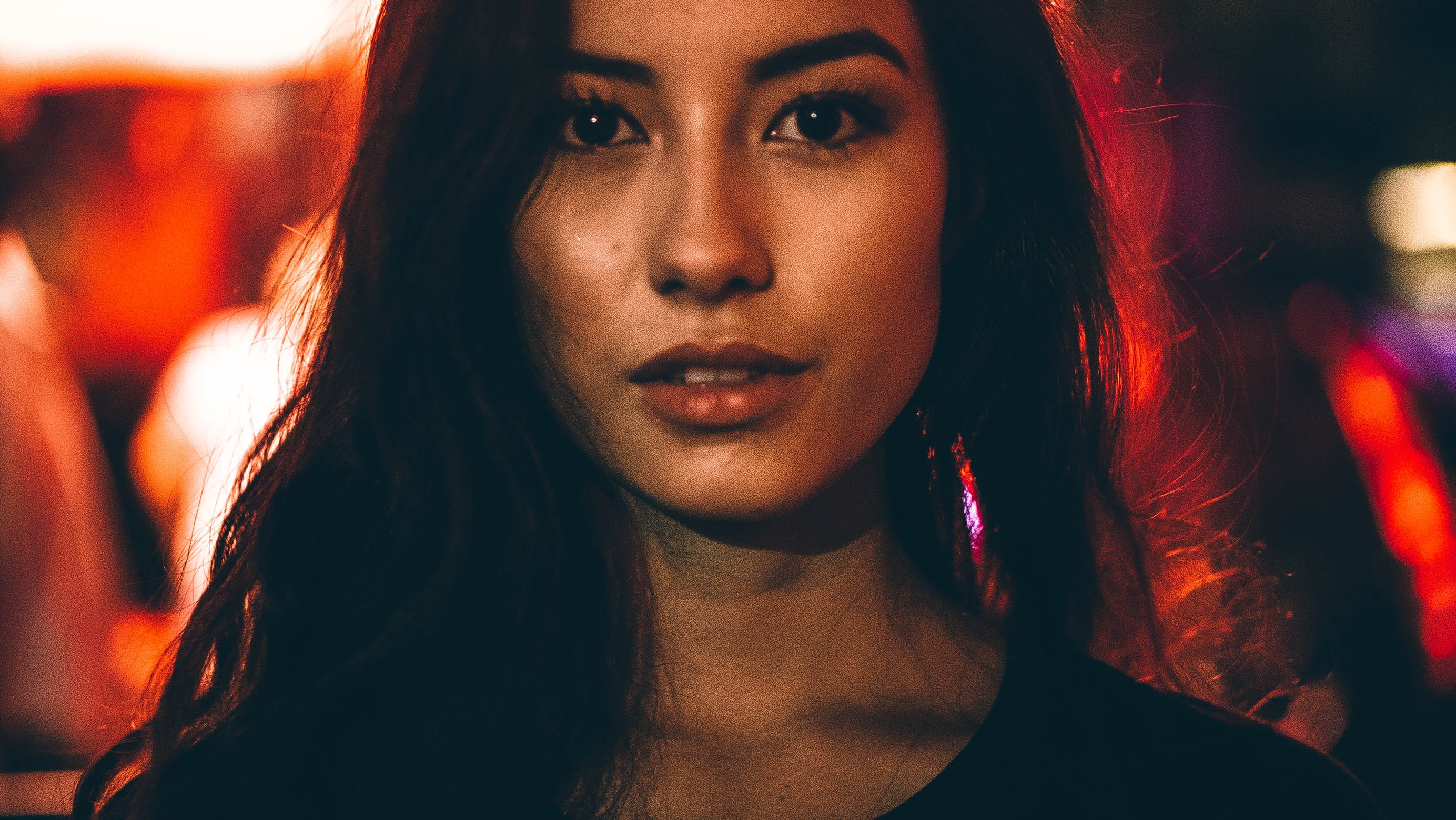 long hair, poblacion, real people, 2K, black, looking at camera, human face, makati, nicole, burgo, city, teenager, close-up, adult, red, lights, person, HD Wallpaper