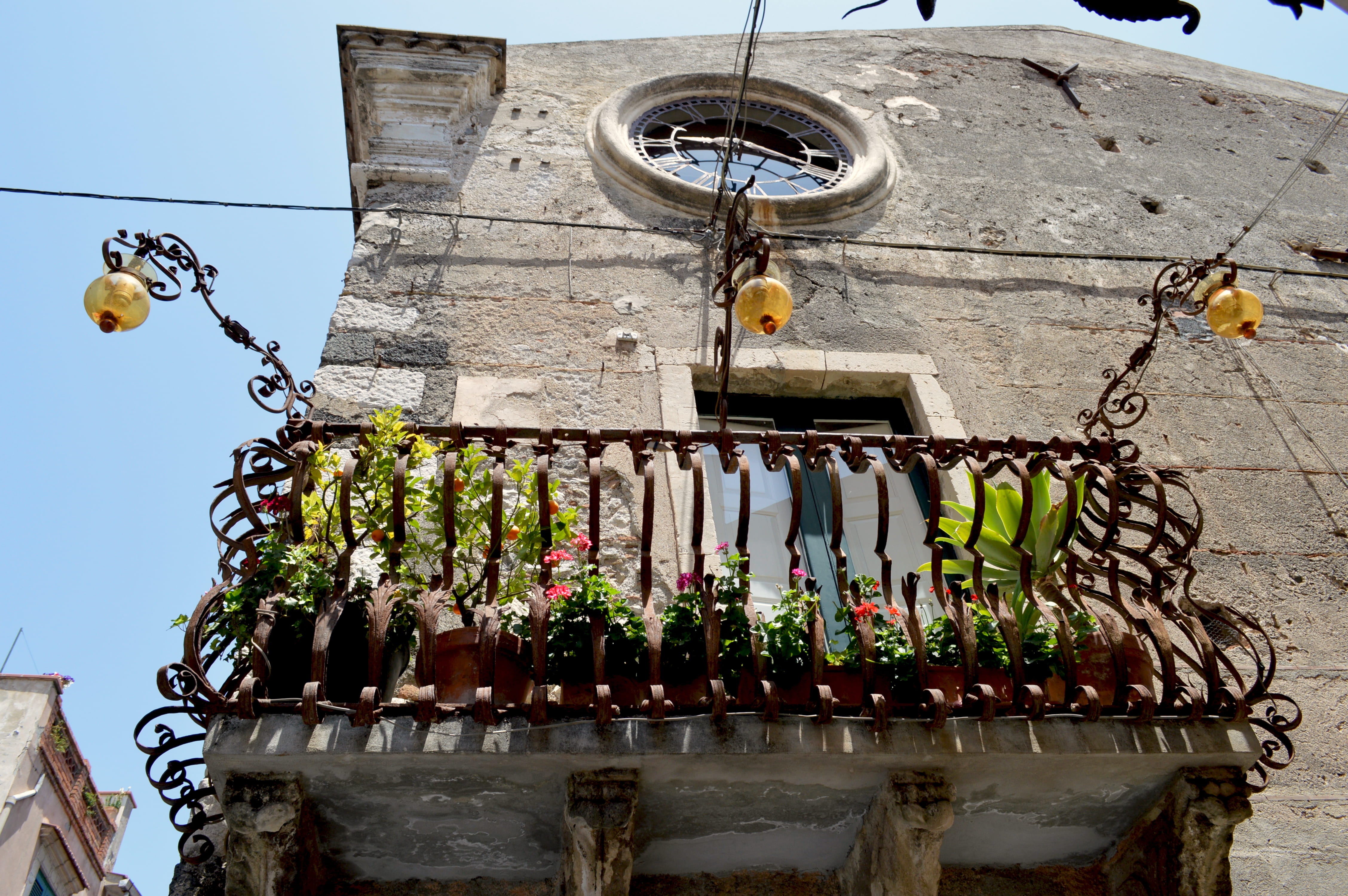 hanging, clear sky, lighting equipment, taormina, decoration, romantic, outdoors, flower pot, medieval, plant, sky, building, nature, wall - building feature, HD Wallpaper