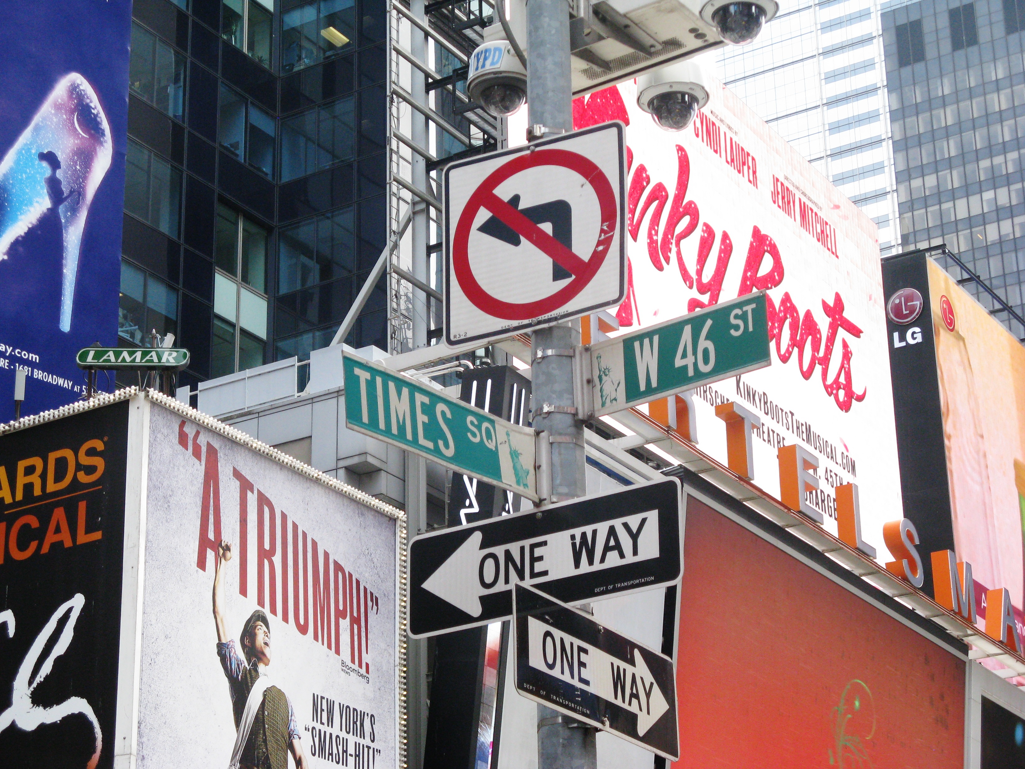 communication, manhattan, western script, guidance, street, road, city, time square, text, downtown, building, street signs, signs, arrow symbol, office building exterior, HD Wallpaper