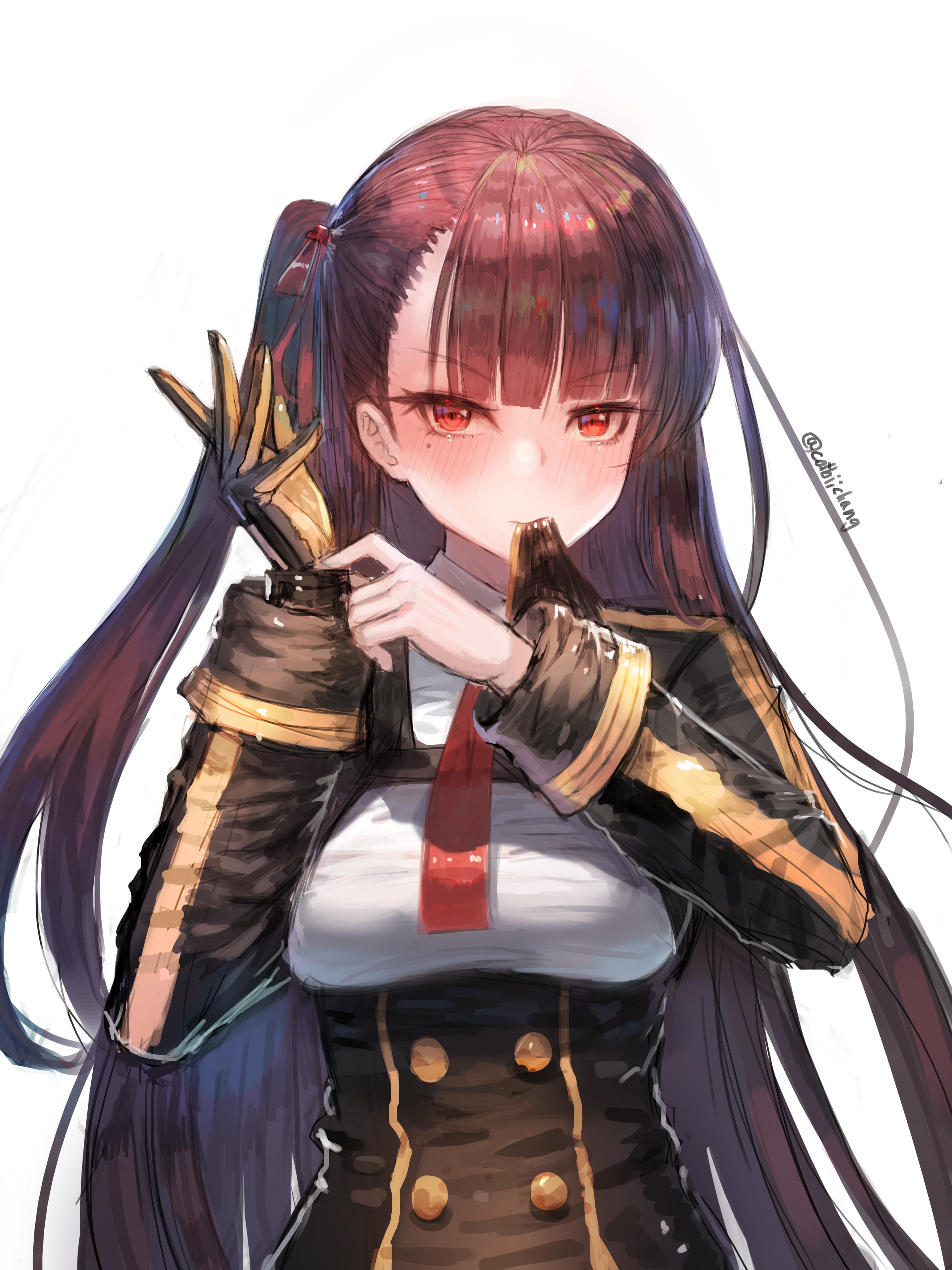 looking at viewer, 4K, anime, blushing, uniform, gloves, red eyes, red tie, long hair, anime girls, Phone HD Wallpaper