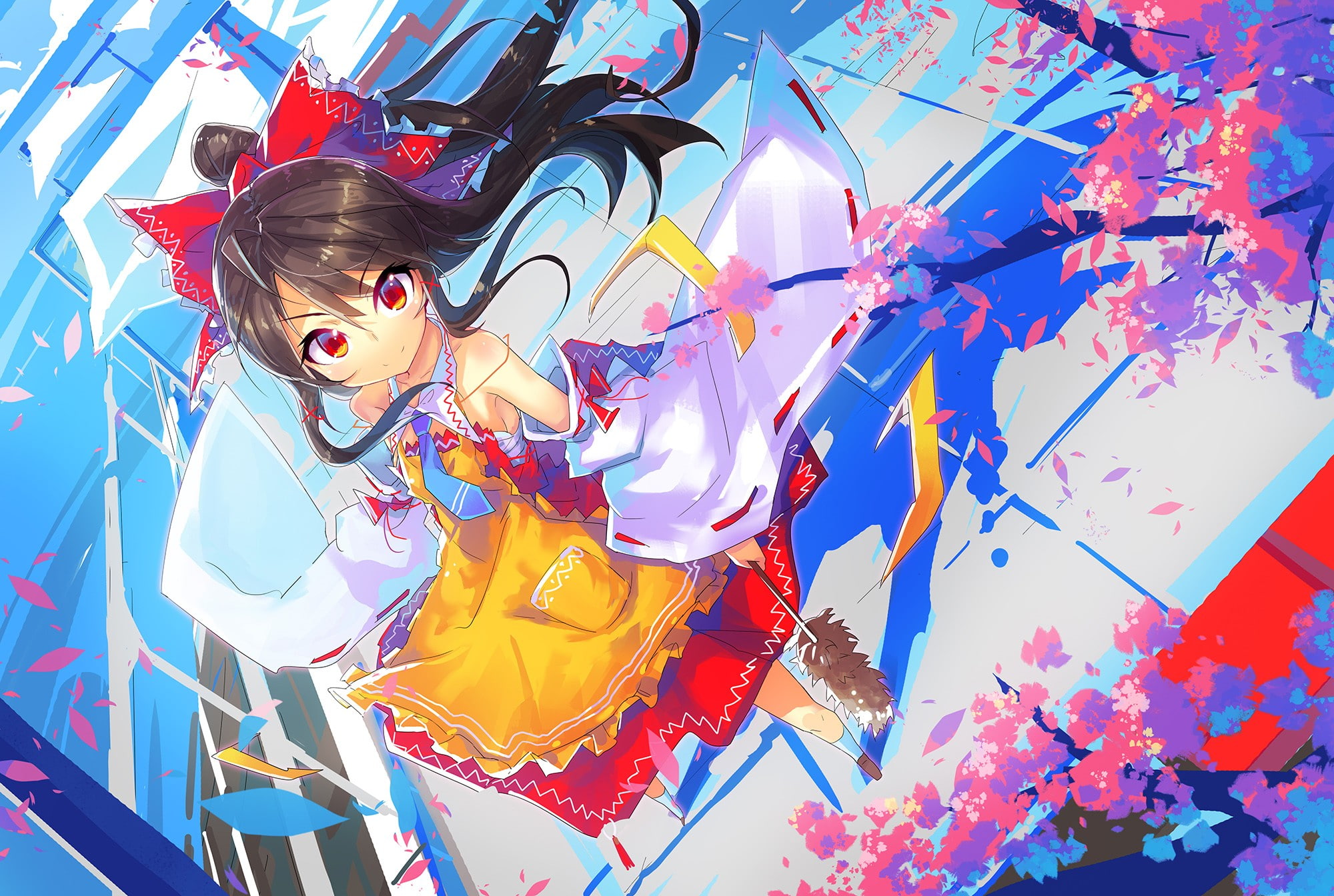wind, 1080P, anime girls, ribbon, anime, cherry blossom, detached sleeves, Touhou, brunette, Hakurei Reimu, tie, ponytail, apron, red eyes, bangs, HD Wallpaper