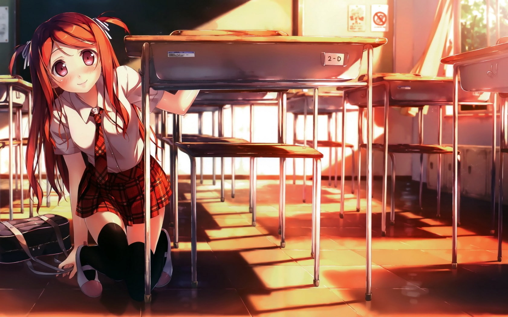 Kantoku, school uniform, tie, classroom, thigh-highs, red eyes, anime, chair, long hair, blushing, hair ornament, original characters, redhead, school, HD Wallpaper