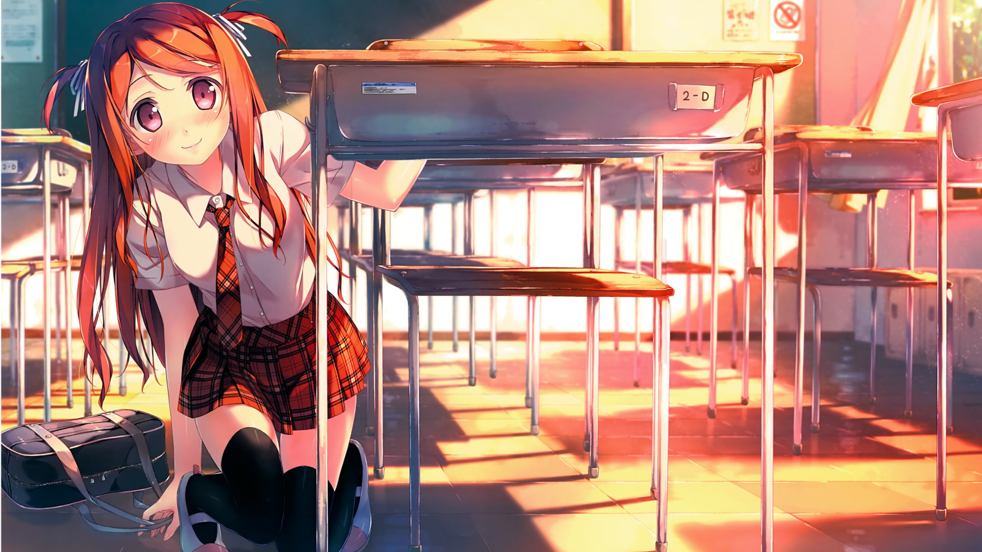 long hair, blushing, redhead, anime, black board, Kantoku, original characters, school uniform, 1080P, tie, schoolgirl, thigh-highs, school, chair, classroom, HD Wallpaper