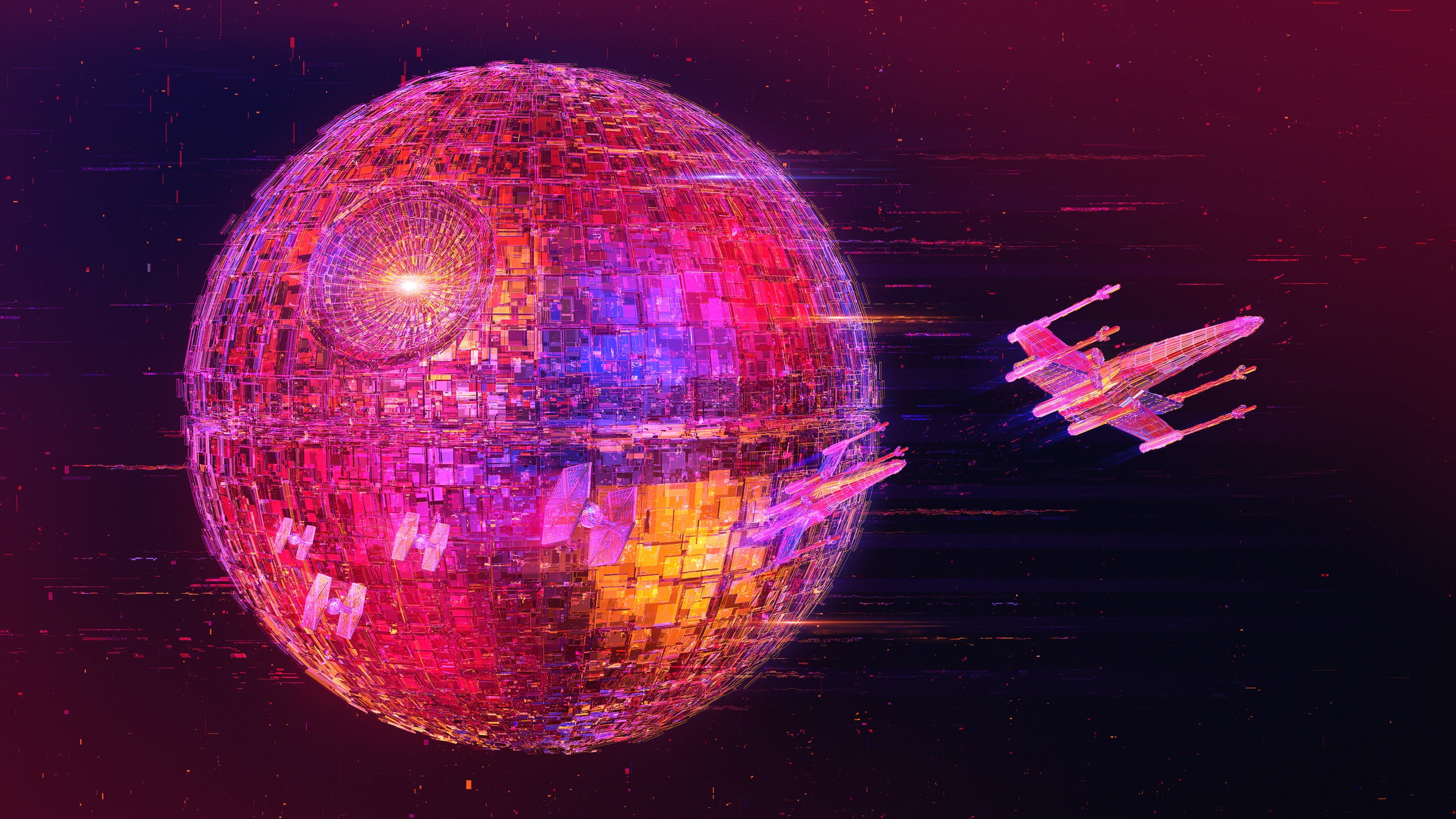 X-wing, 2K, Star Wars, science fiction, digital art, Death Star, pink, neon, red, TIE Fighter, artwork, HD Wallpaper