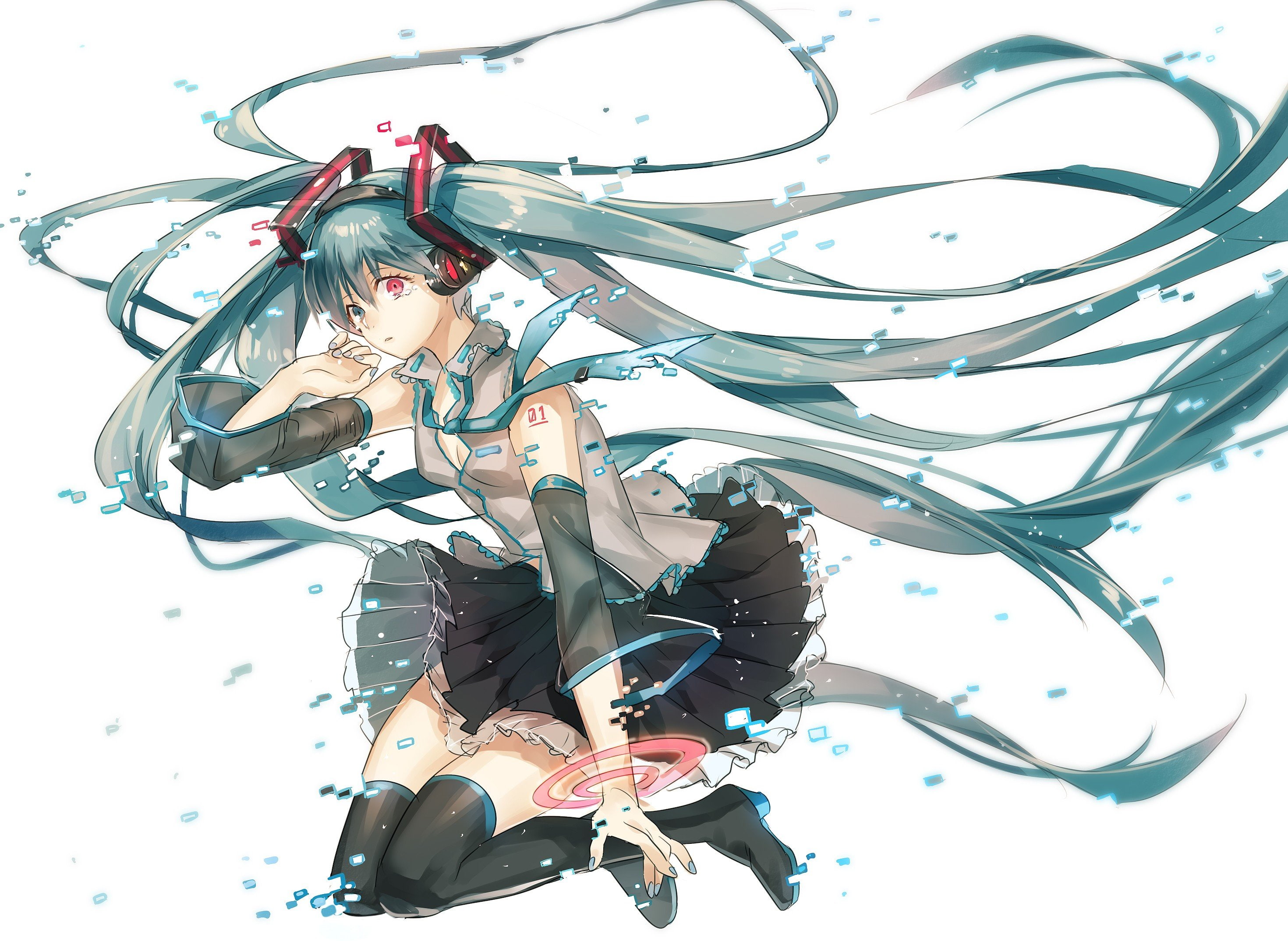 cleavage, miku, aqua, see through, tie, simple, stockings, polish, hatsune, girls, background, sleeves, detached, ornaments, twintails, highs, tattoos, HD Wallpaper