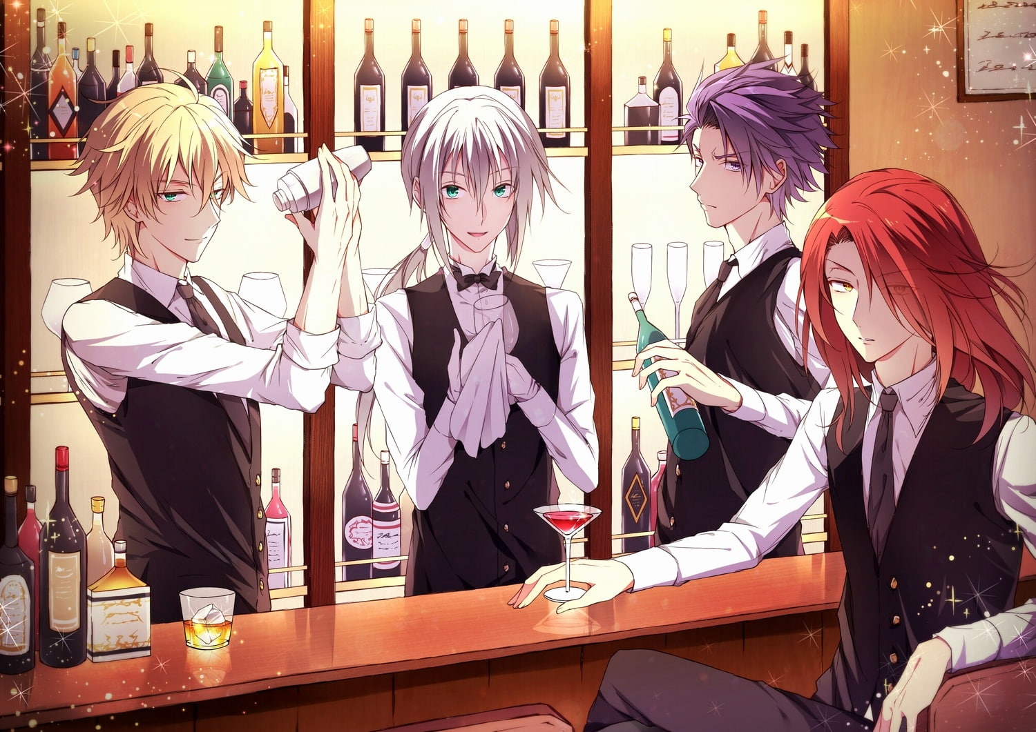 yellow, tie, short, com, gawain, purple, green, male, drink, hair, 244397, long, eyes, gray, all, konachan, red, bedivere, bow, 720P, group, blonde, HD Wallpaper
