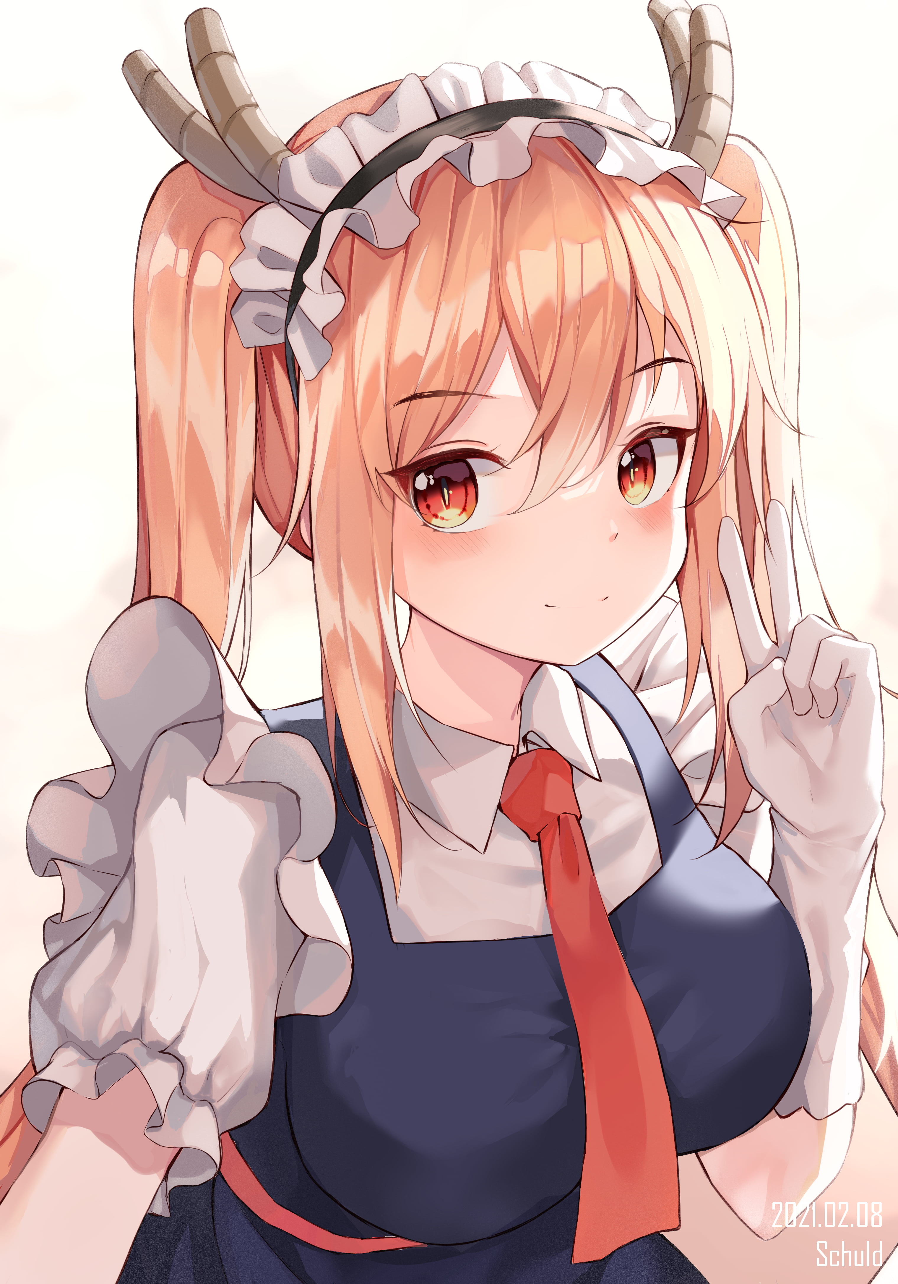 4K, drawing, blonde, maid outfit, digital art, Kobayashi-san Chi no Maid Dragon, long hair, maid, simple background, white background, brown eyes, red tie, Phone HD Wallpaper