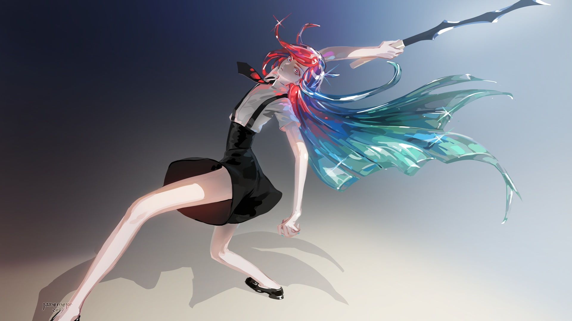 watermark, kuni, konachan, weapon, hair, long, red, janemere, eyes, 1080P, houseki, alexandrite, sword, anthropomorphism, com, 256780, tie, HD Wallpaper
