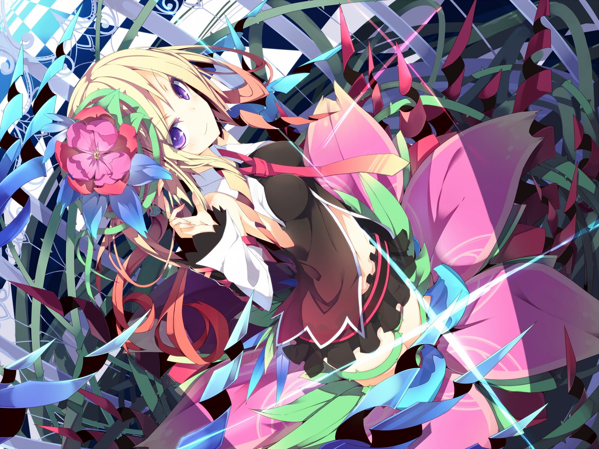 design, floral pattern, anime girls, neckties, full frame, abundance, flower in hair, purple eyes, high angle view, paper, 1080P, outdoors, backgrounds, HD Wallpaper