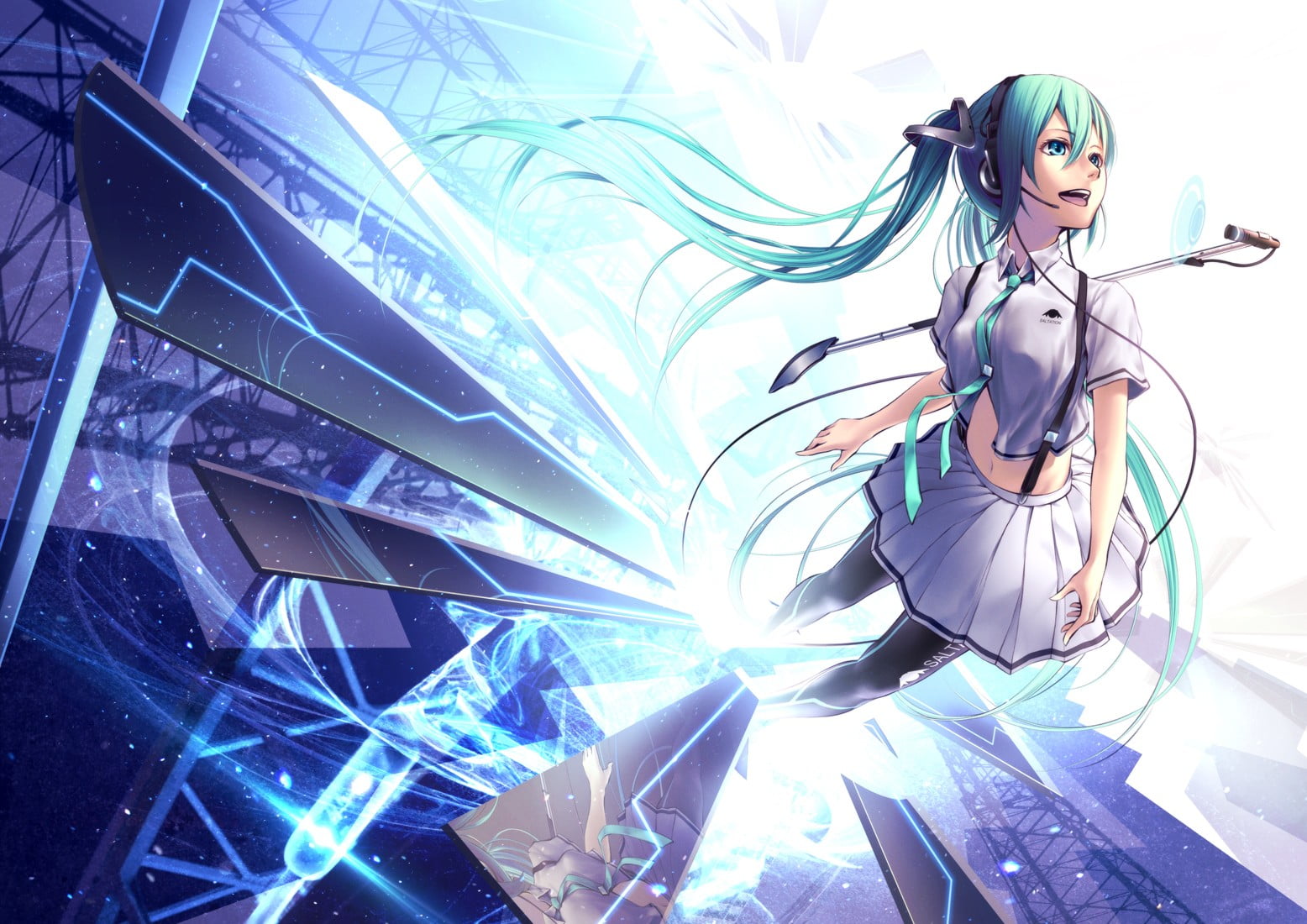 hairstyle, women, young adult, neckties, Hatsune Miku, digital composite, beauty, microphone, representation, beautiful woman, Vocaloid, skirt, indoors, HD Wallpaper