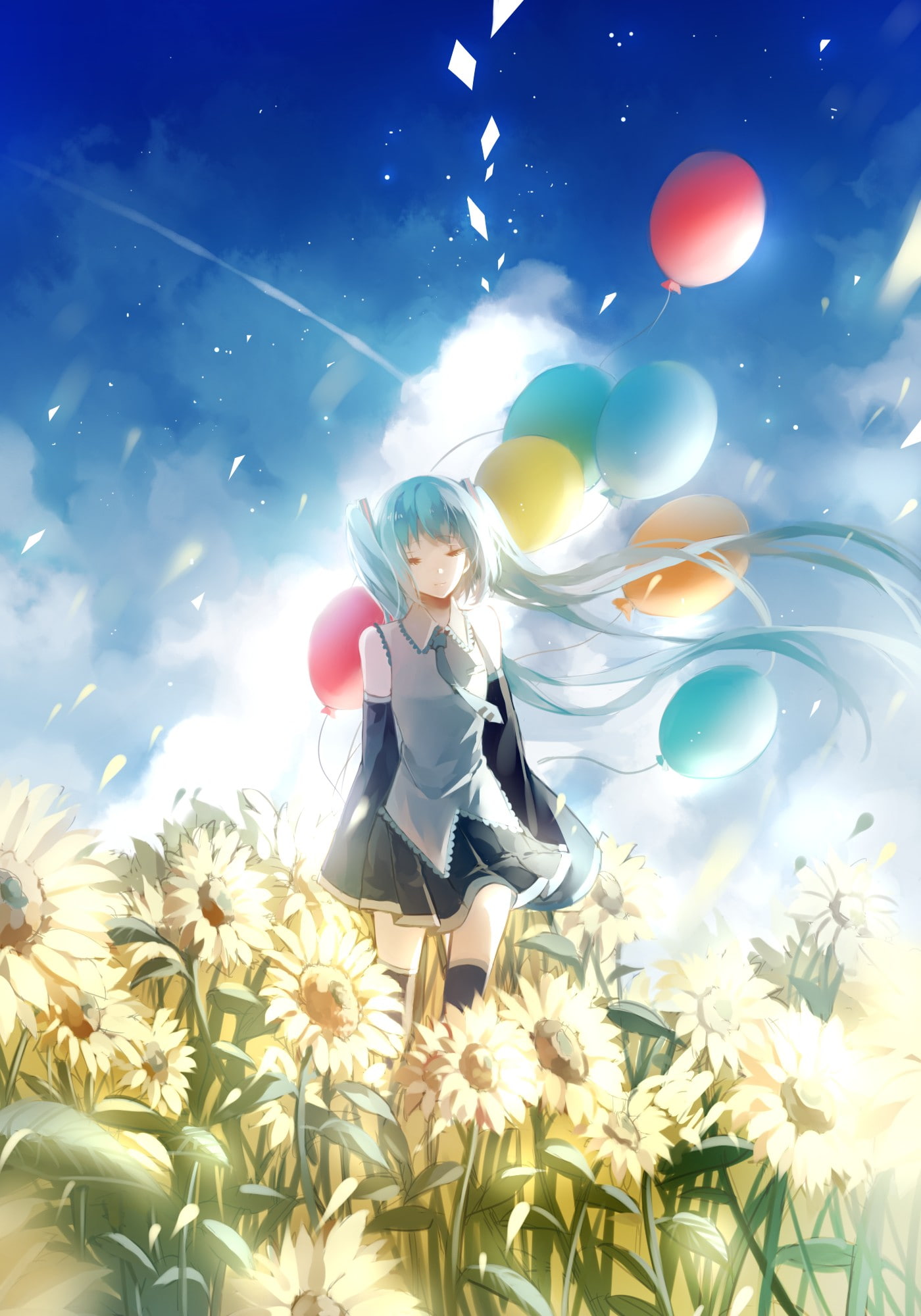 clouds, long hair, skirt, sky, flower petals, thigh-highs, Vocaloid, neckties, wind, twintails, 1080P, balloon, anime girls, Hatsune Miku, flowers, anime, Phone HD Wallpaper