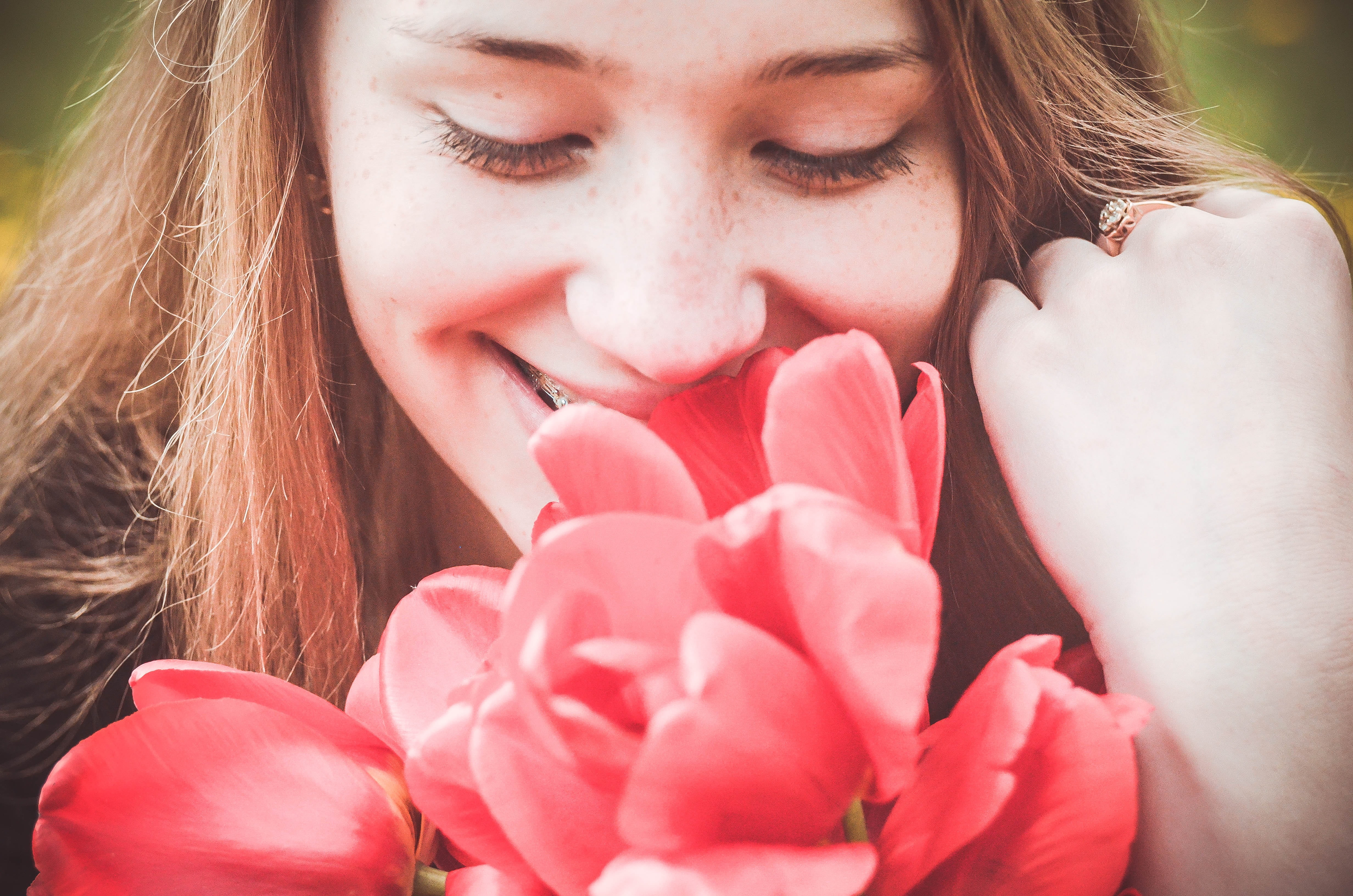young adult, spring, smile, tenderness, headshot, close-up, plant, sun, smelling, freshness, beautiful woman, woman, eyes closed, photo, one person, camera, HD Wallpaper
