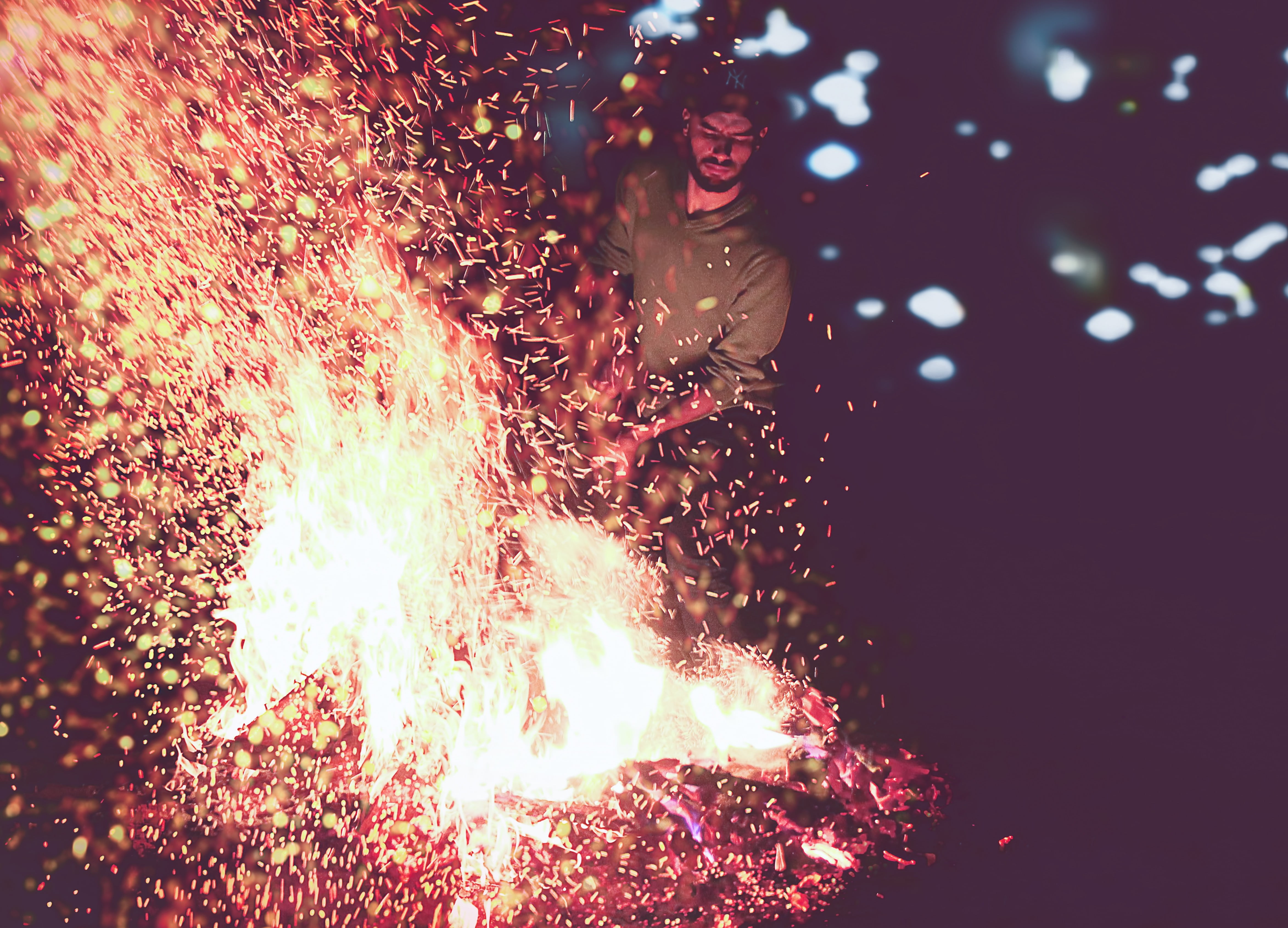 night, young adult, lights, outdoors, real people, blurred motion, bonfire, illuminated, one person, dark, leisure activity, no people, flame, firedance, HD Wallpaper