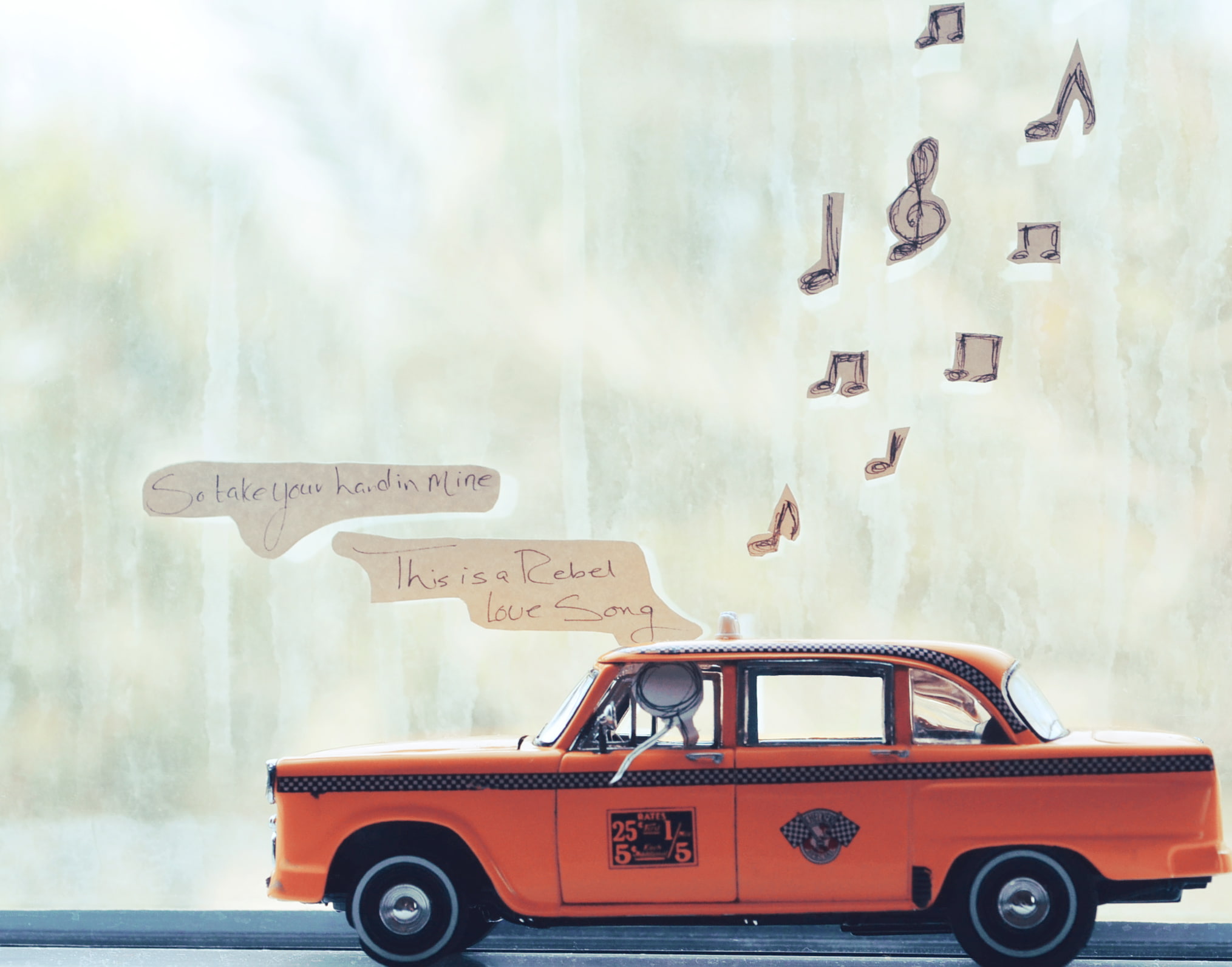 paper, music, illustration, man, words, window, taxi, model, song, 1080P, now playing, notes, orange, radio, HD Wallpaper