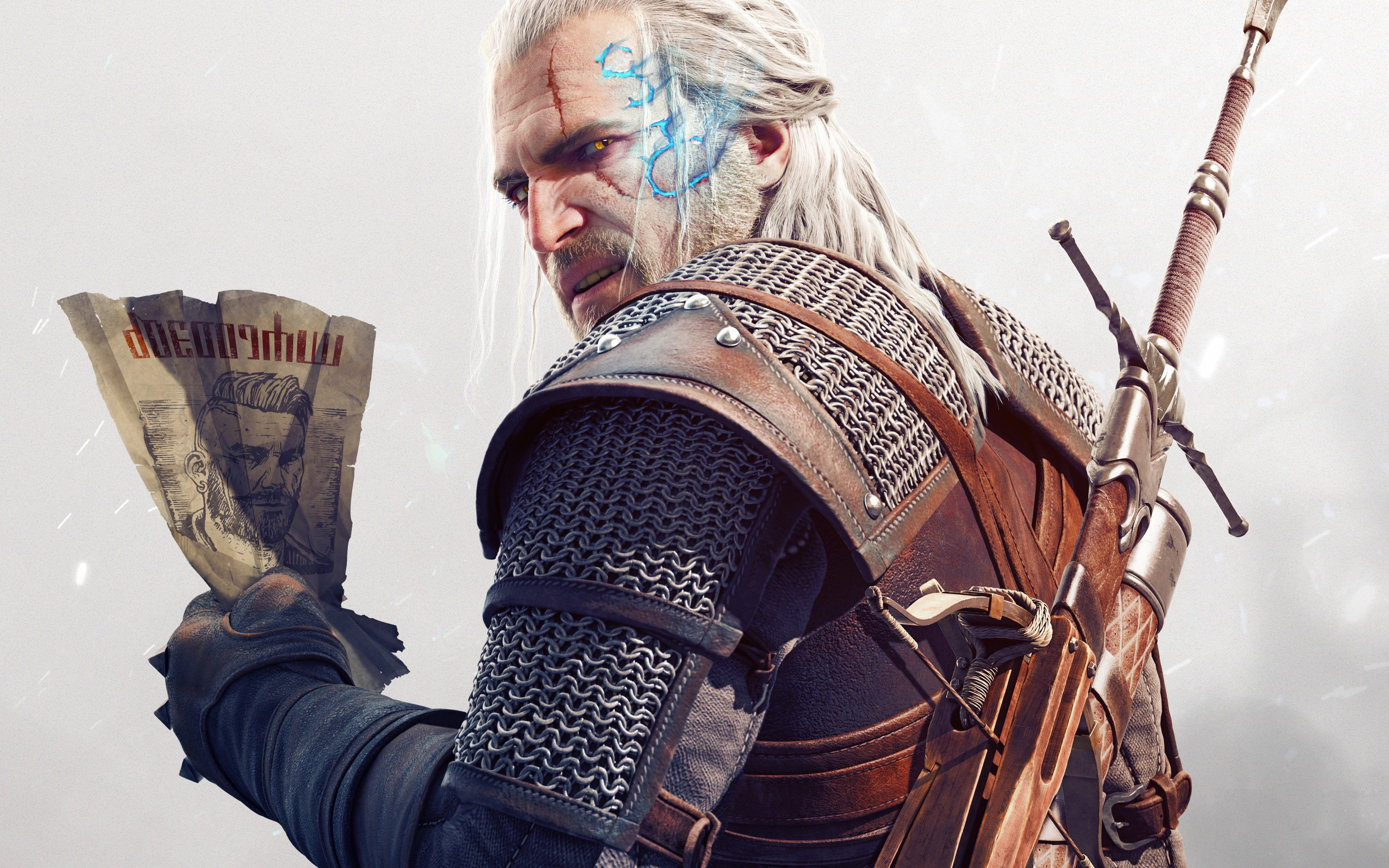 holding, Hunt, poster, 4K, warrior, men, weapon, Dark, fantasy, beard, one person, suit of armor, facial hair, portrait, hairstyle, white hair, Fighting, HD Wallpaper