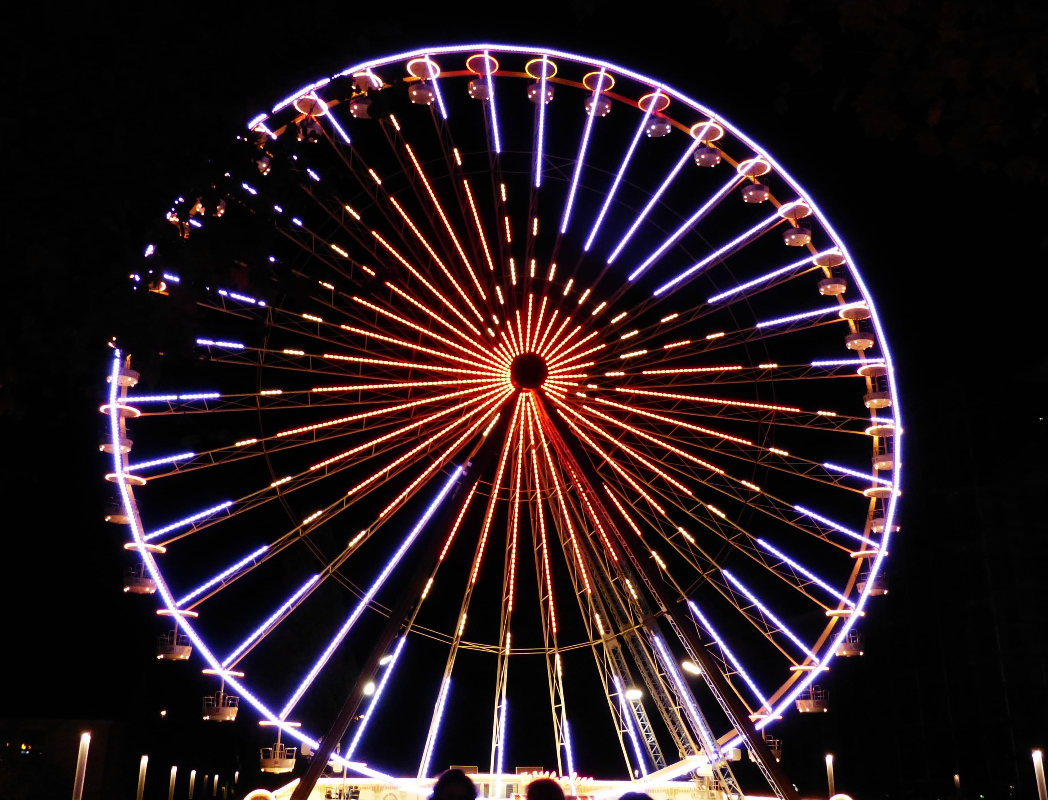 celebration, ride, Night, circle, romantic, lights, wheel, low, ferris, lit, built structure, angle, outdoors, traditional Festival, light, ruhr area, glowing, HD Wallpaper